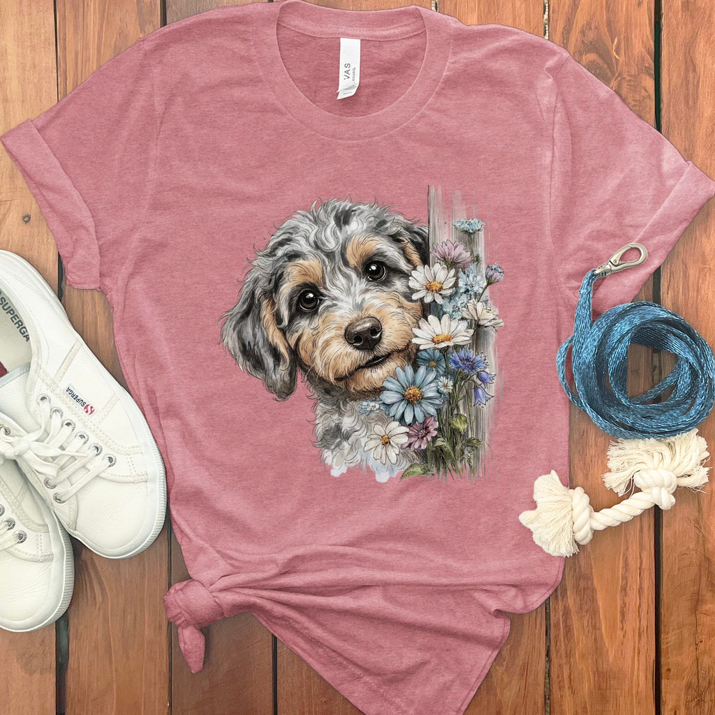 Aussiedoodle Daisy Peeking T-Shirt in Heather Mauve / S by Puppy Jo