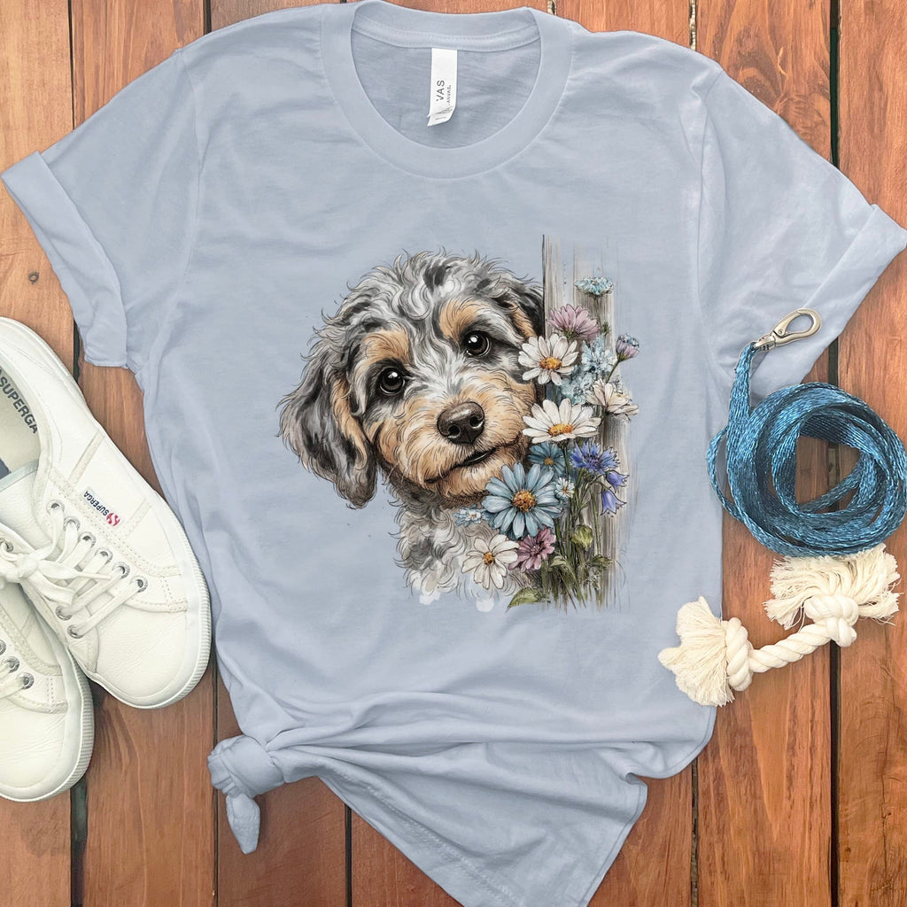 Aussiedoodle Daisy Peeking T-Shirt in Light Blue / S by Puppy Jo