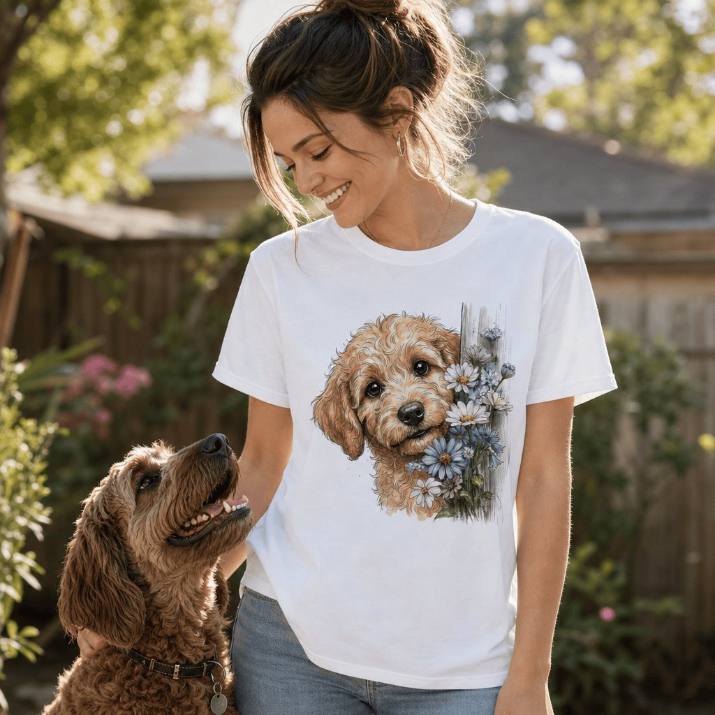 Aussiedoodle Daisy Peeking T-Shirt in by Puppy Jo