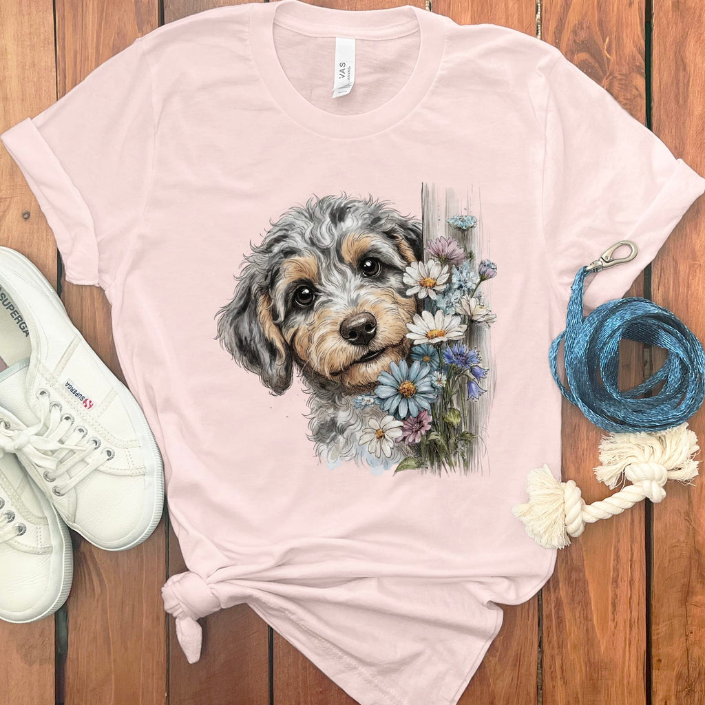 Aussiedoodle Daisy Peeking T-Shirt in Soft Pink / S by Puppy Jo
