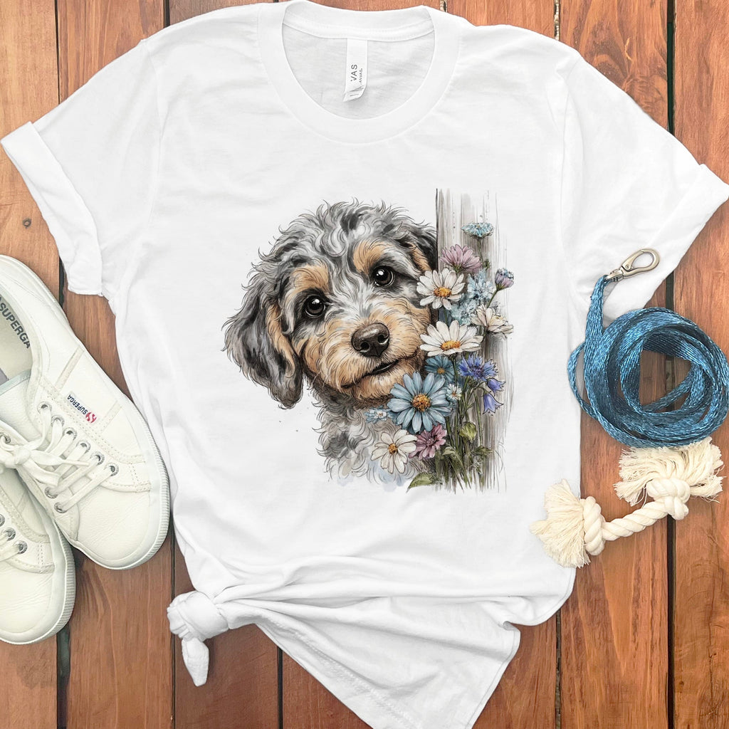 Aussiedoodle Daisy Peeking T-Shirt in White / S by Puppy Jo