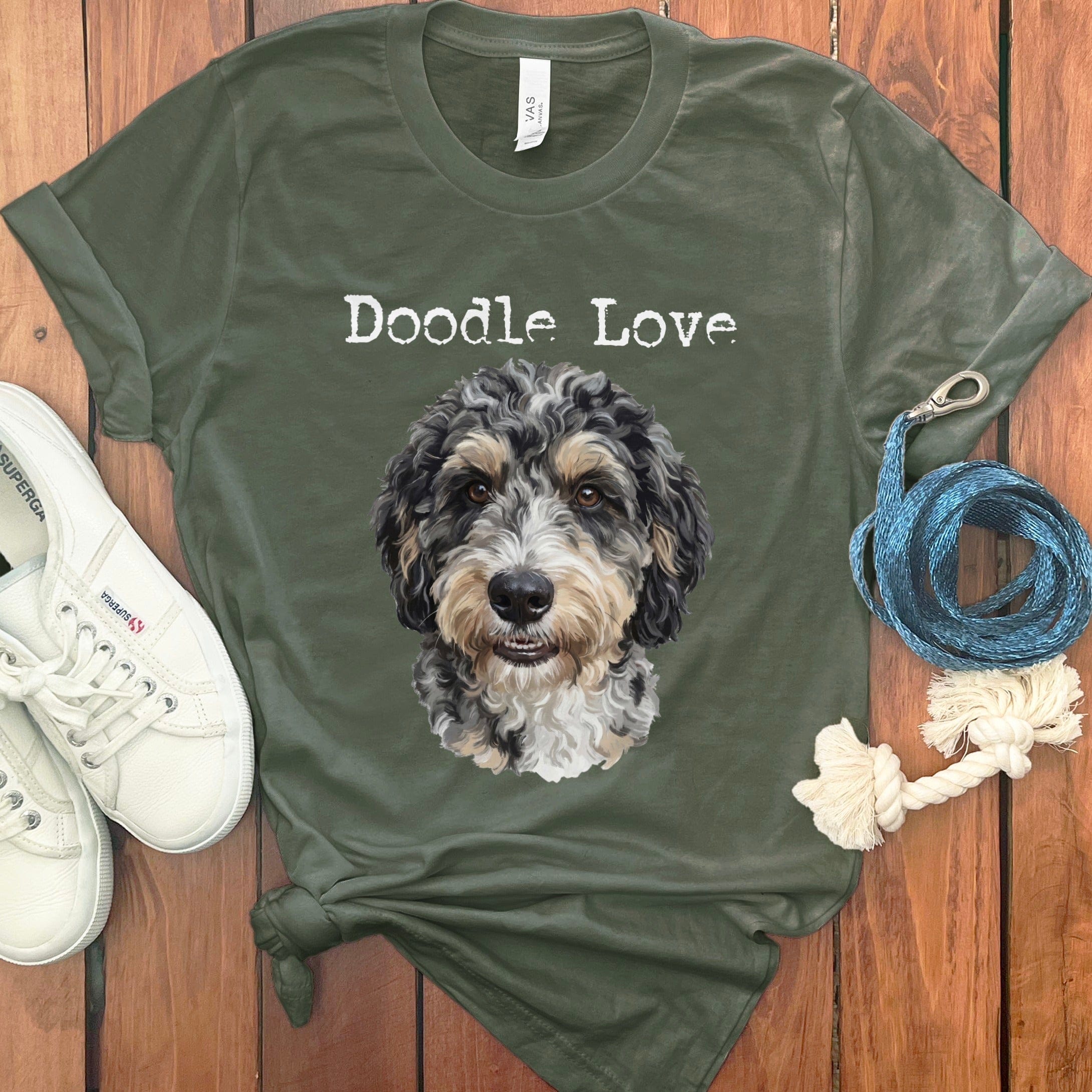 Aussiedoodle Doodle Love T-Shirt in Military Green / S by Puppy Jo