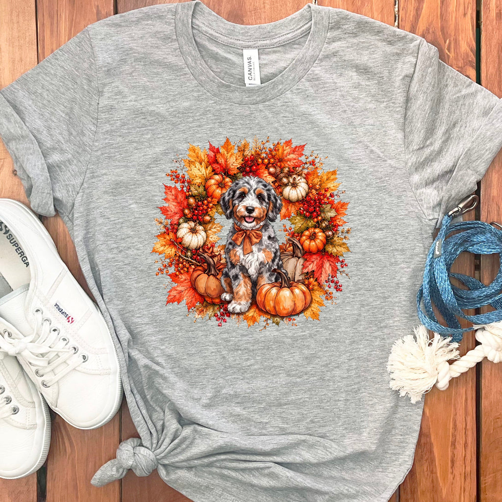Aussiedoodle Fall Wreath T-Shirt in Athletic Heather / S by Puppy Jo