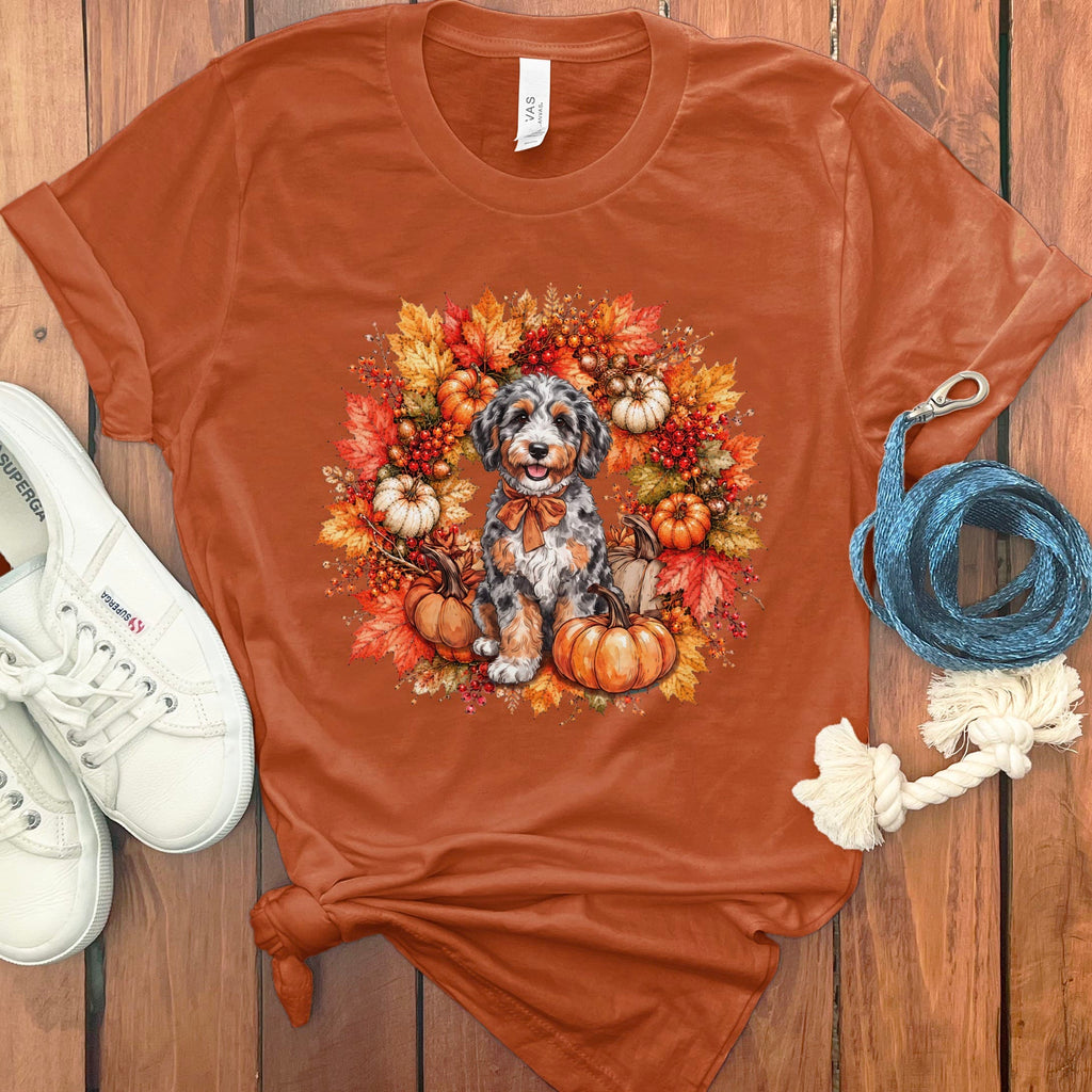 Aussiedoodle Fall Wreath T-Shirt in Autumn / S by Puppy Jo