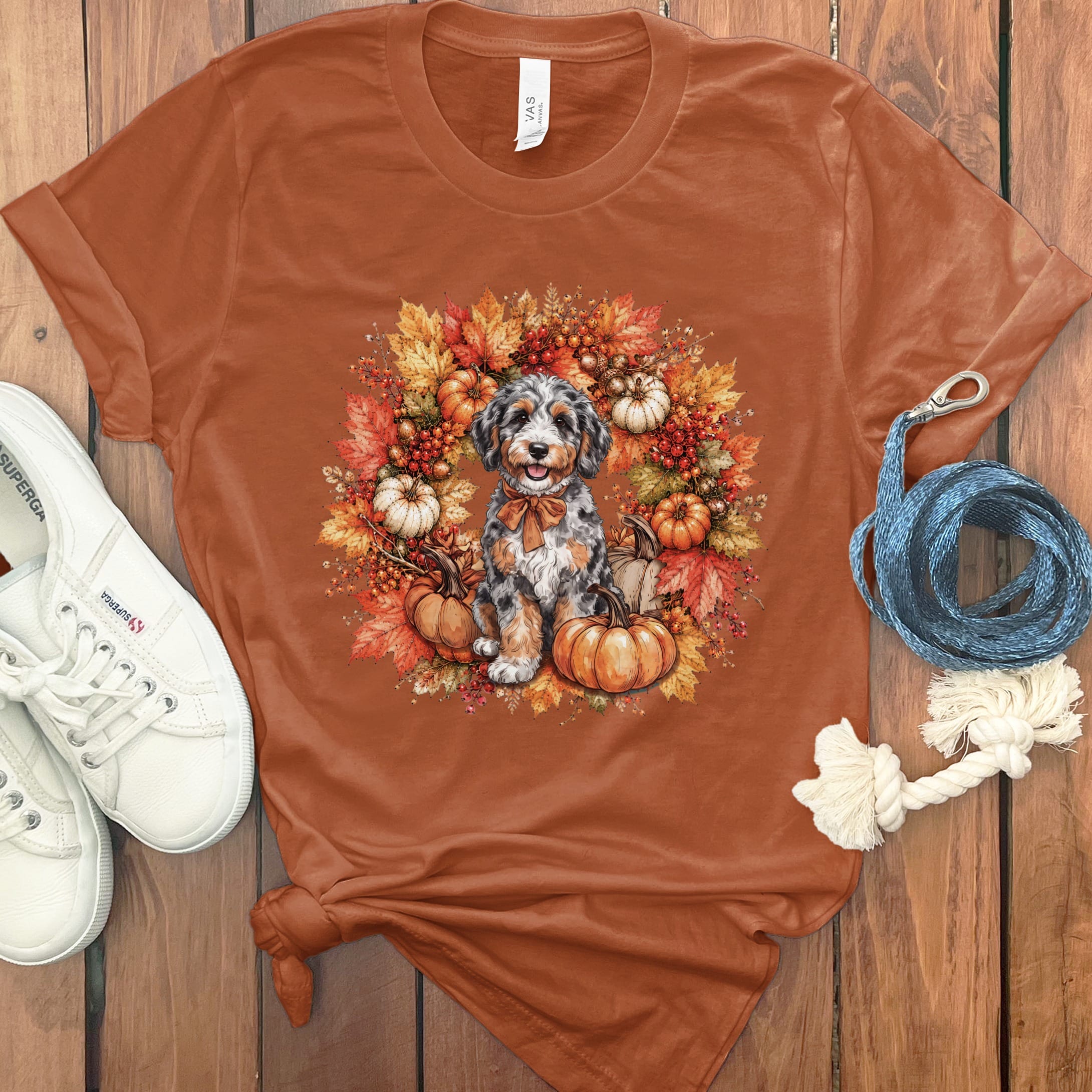 Aussiedoodle Fall Wreath T-Shirt in Autumn / S by Puppy Jo