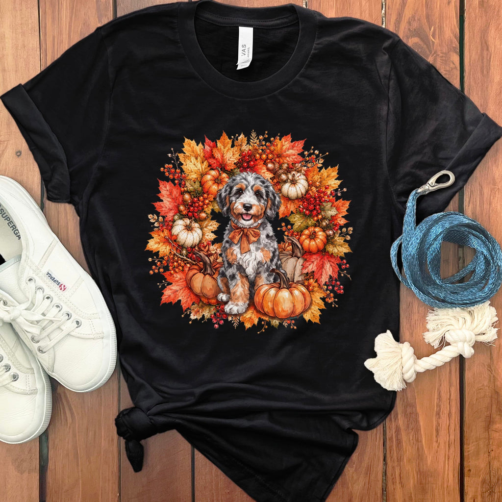 Aussiedoodle Fall Wreath T-Shirt in Black / S by Puppy Jo