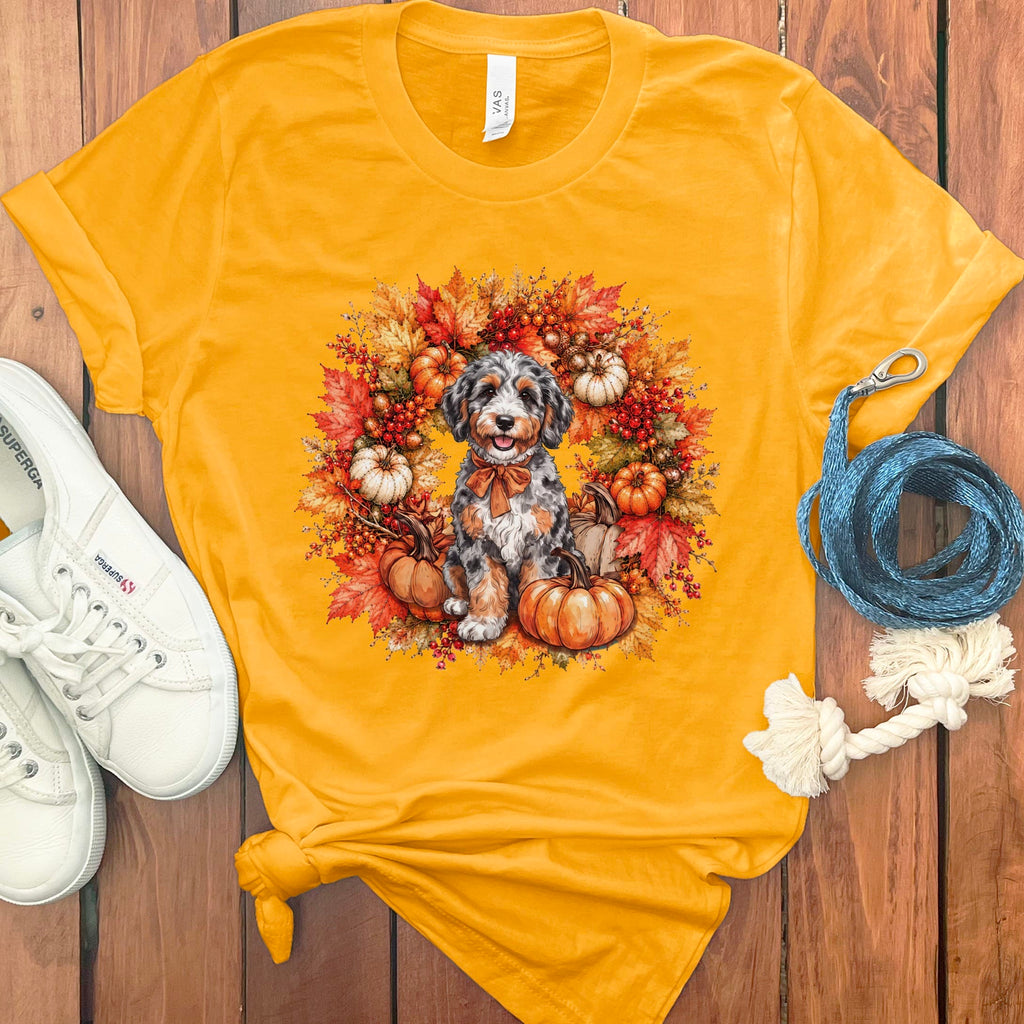 Aussiedoodle Fall Wreath T-Shirt in Gold / S by Puppy Jo