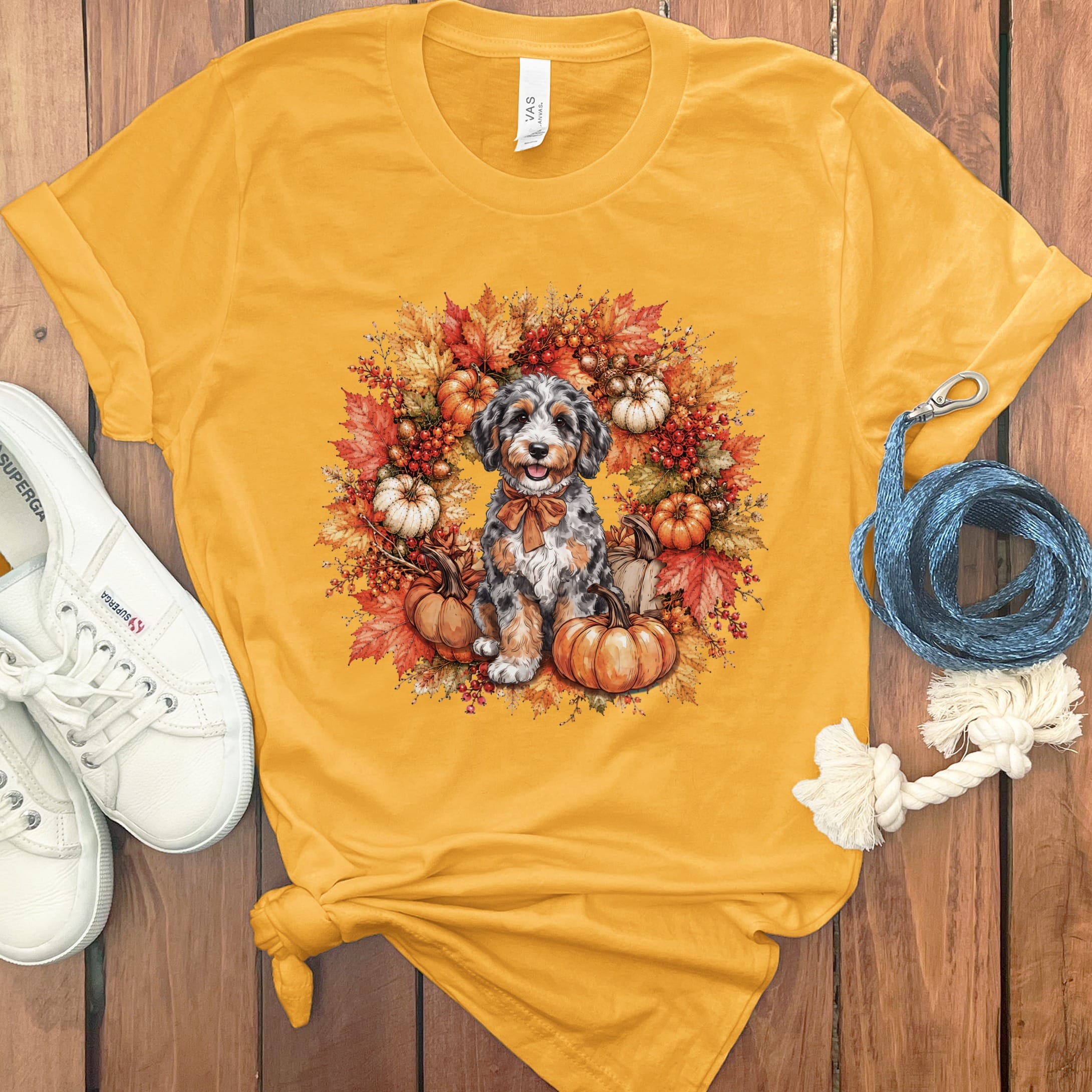 Aussiedoodle Fall Wreath T-Shirt in Gold / S by Puppy Jo