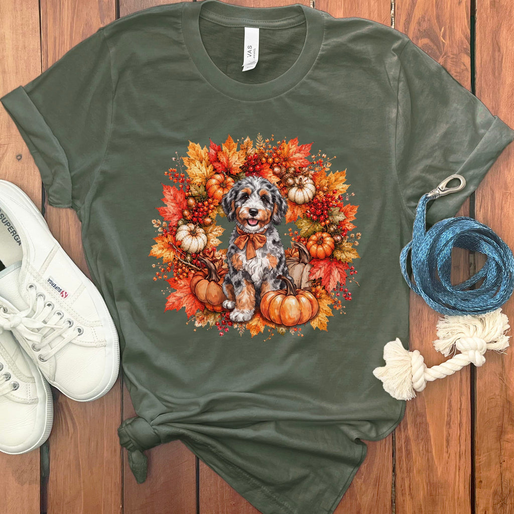 Aussiedoodle Fall Wreath T-Shirt in Military Green / S by Puppy Jo