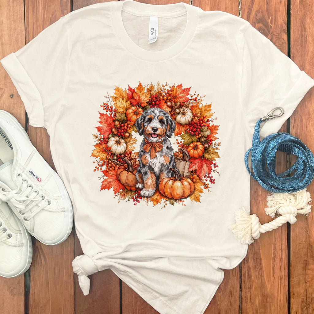 Aussiedoodle Fall Wreath T-Shirt in Natural / S by Puppy Jo