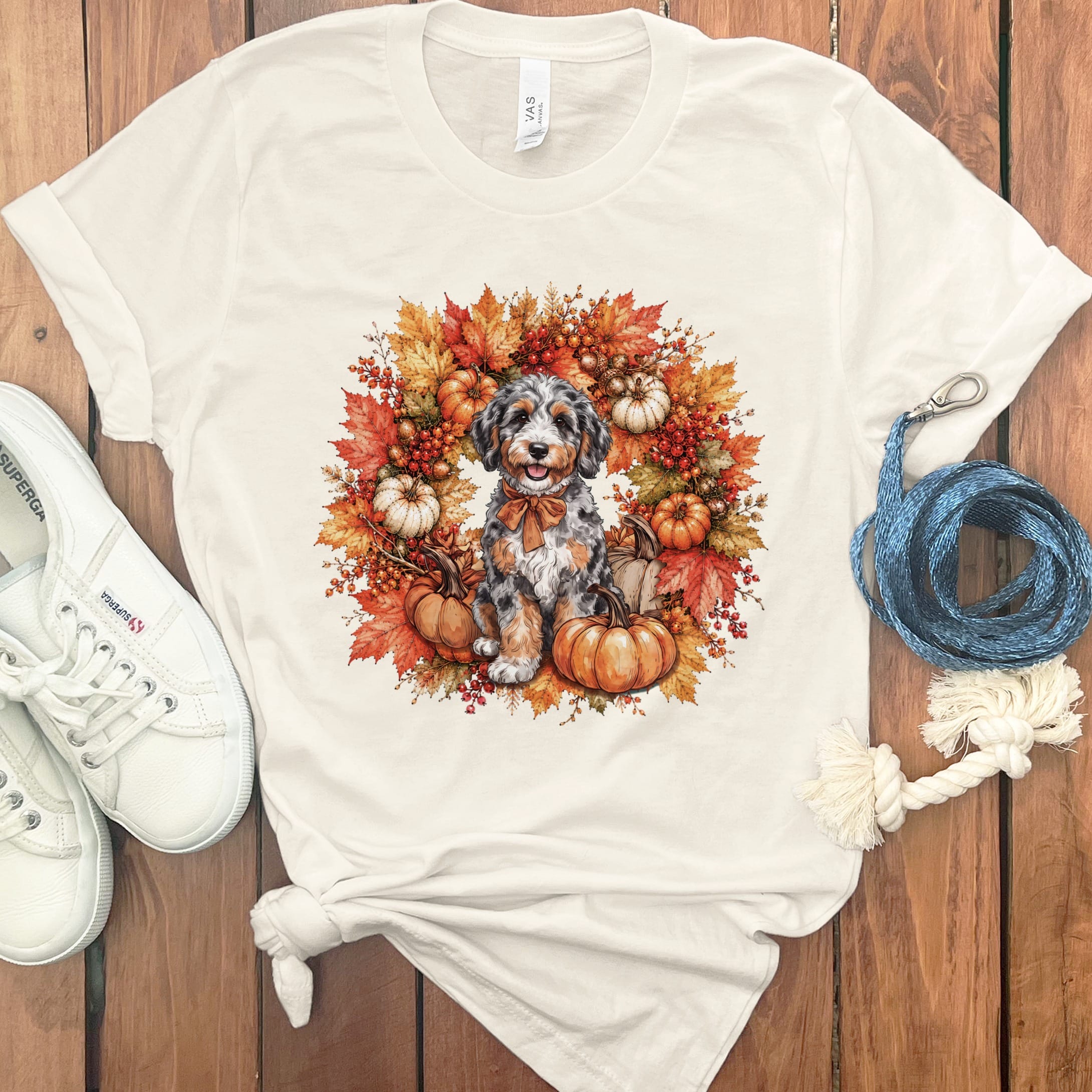 Aussiedoodle Fall Wreath T-Shirt in Natural / S by Puppy Jo