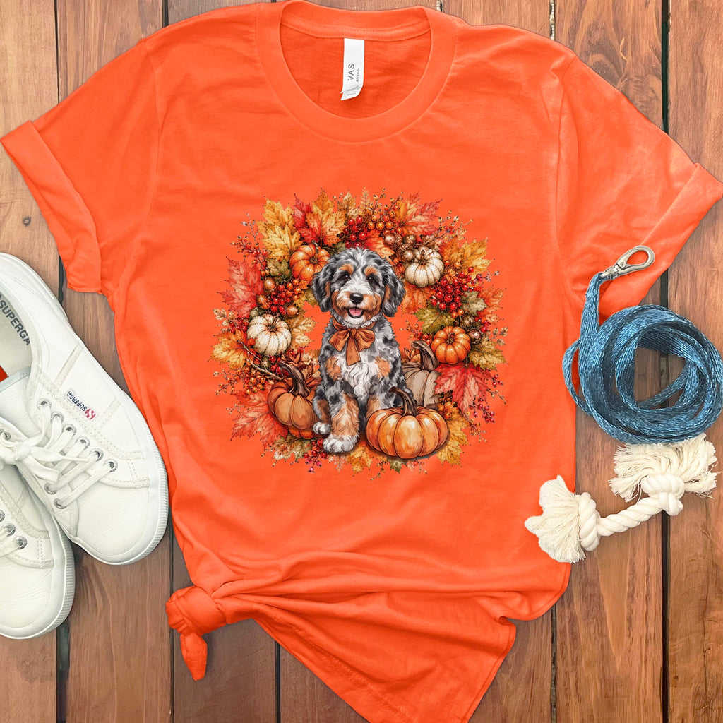 Aussiedoodle Fall Wreath T-Shirt in Orange / S by Puppy Jo
