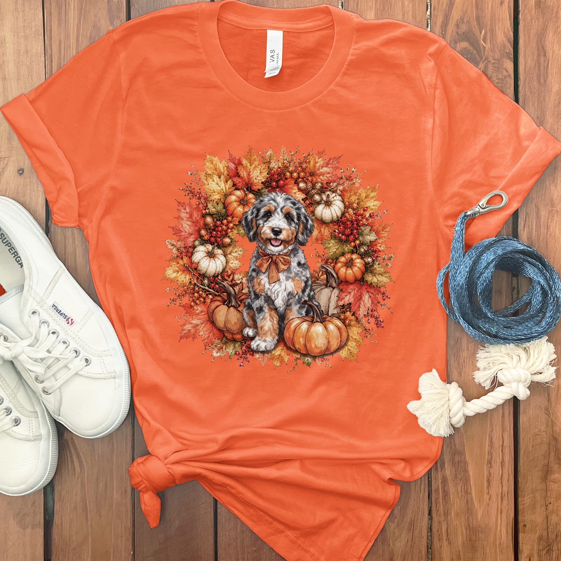 Aussiedoodle Fall Wreath T-Shirt in Orange / S by Puppy Jo
