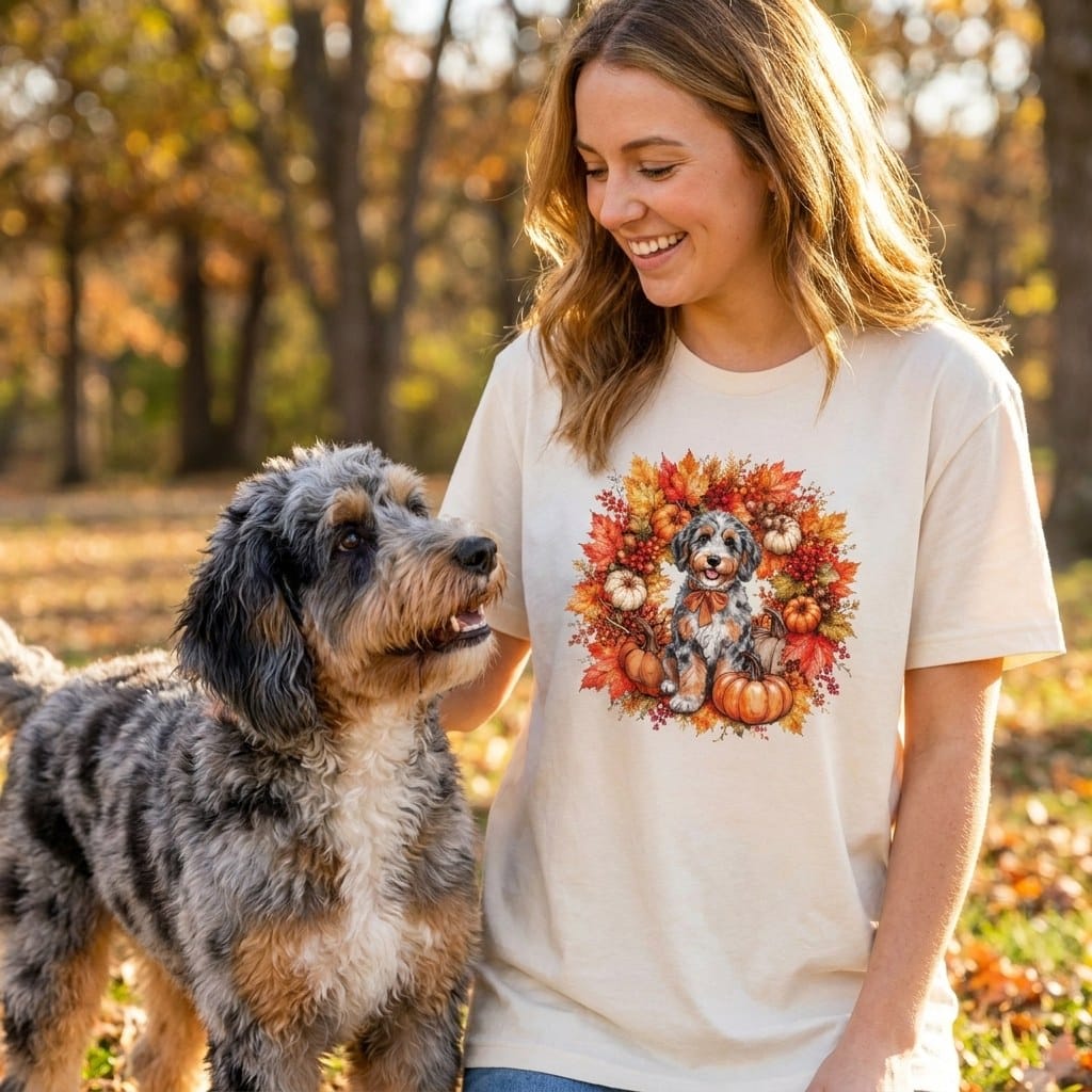Aussiedoodle Fall Wreath T-Shirt in by Puppy Jo