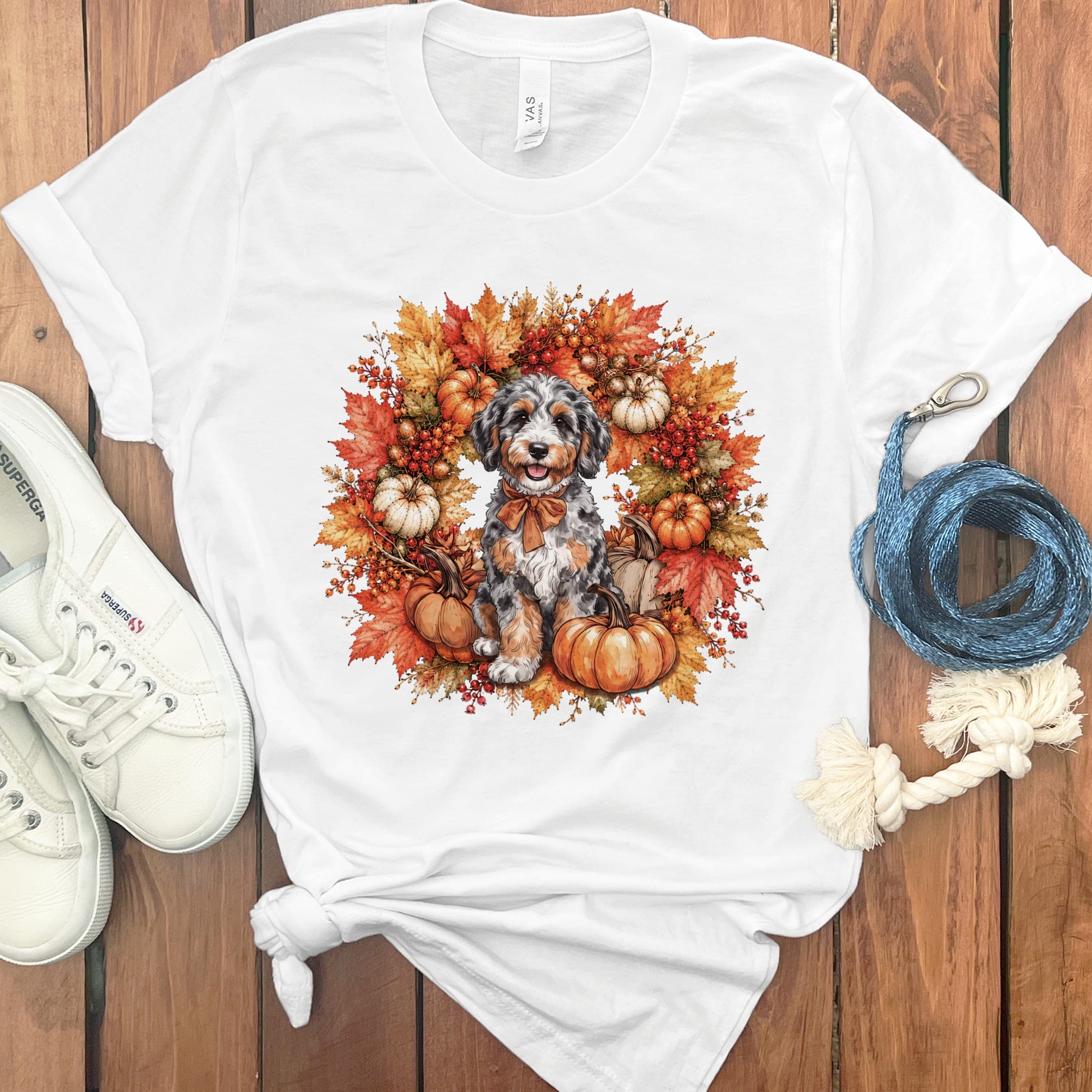 Aussiedoodle Fall Wreath T-Shirt in White / S by Puppy Jo