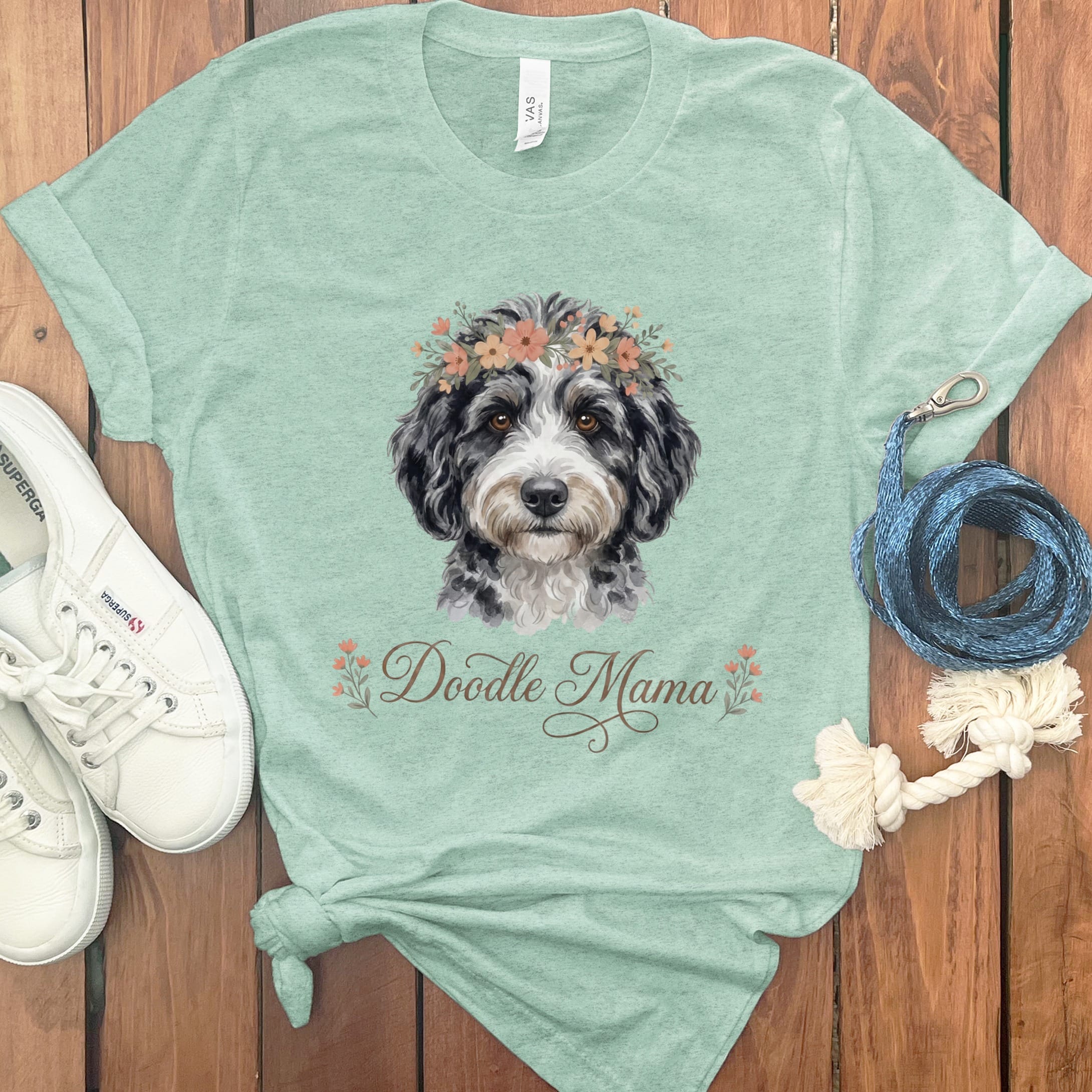 Aussiedoodle Floral Crown T-Shirt in Heather Mint / XL by Puppy Jo