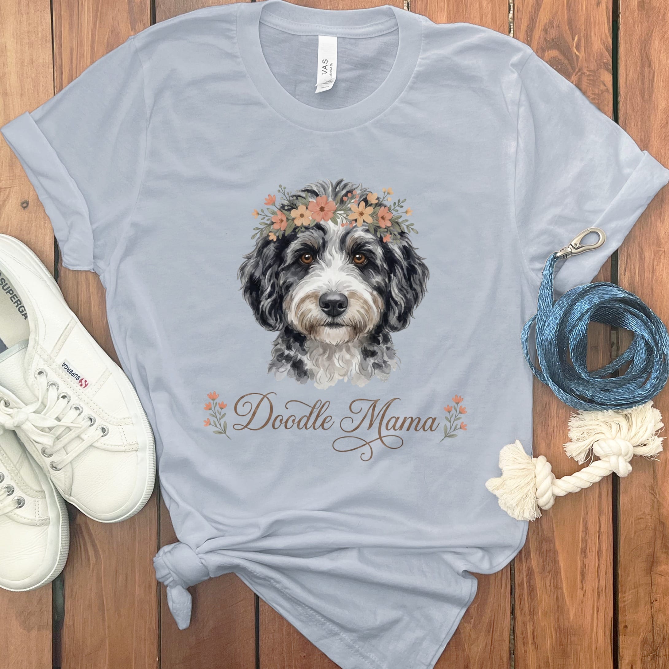 Aussiedoodle Floral Crown T-Shirt in Light Blue / S by Puppy Jo