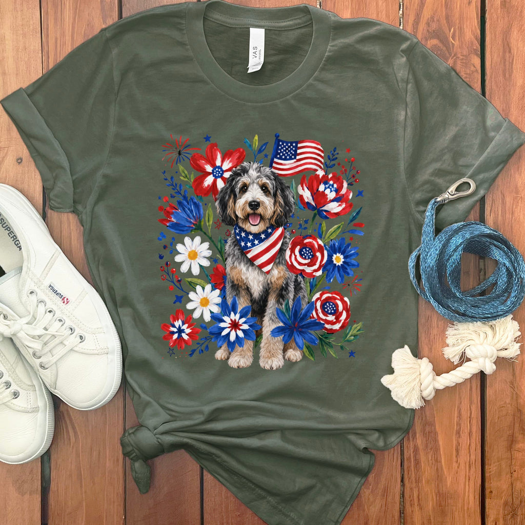 Aussiedoodle Floral Spirit T-Shirt in Military Green / S by Puppy Jo
