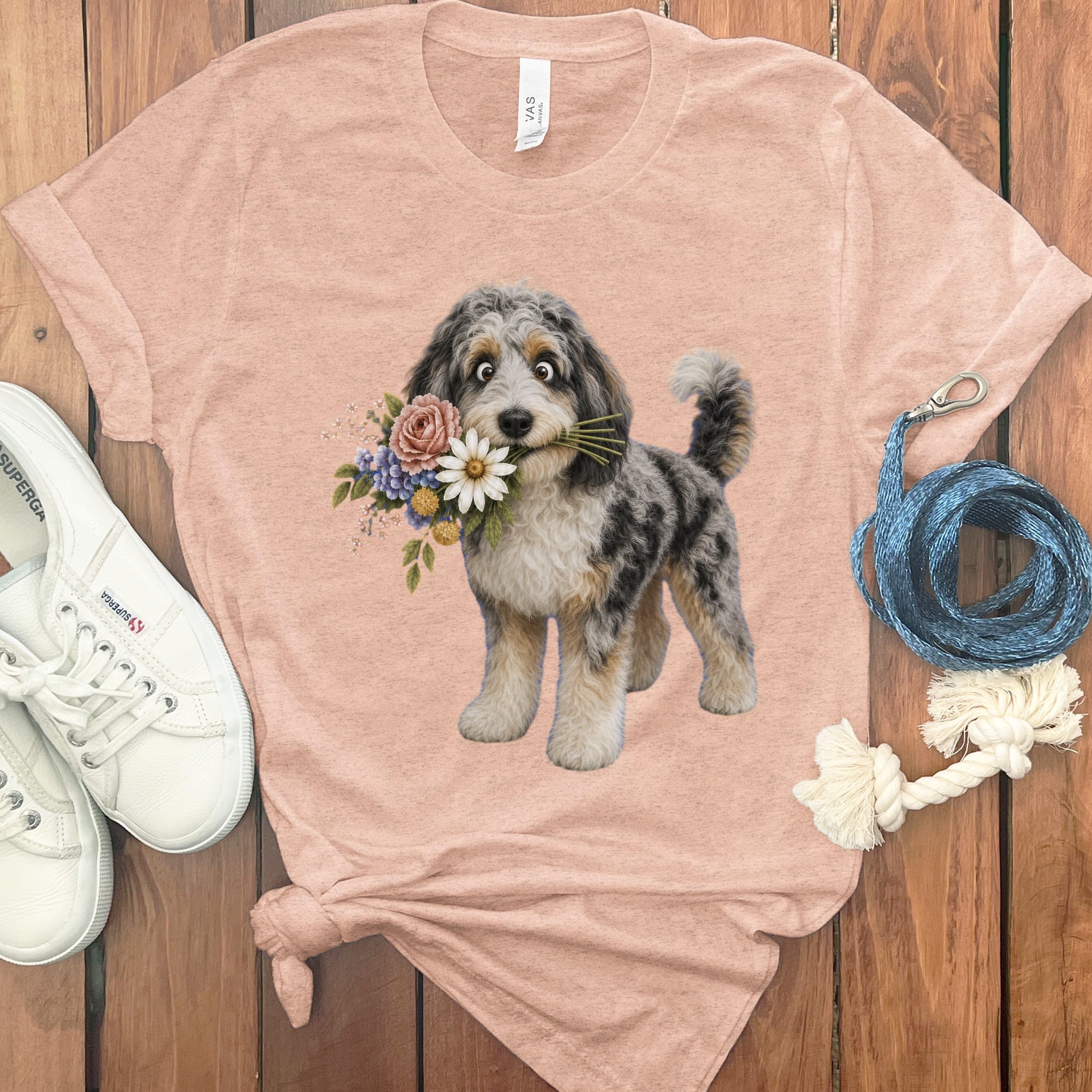 Aussiedoodle Flower Shop T-Shirt in Heather Peach / S by Puppy Jo