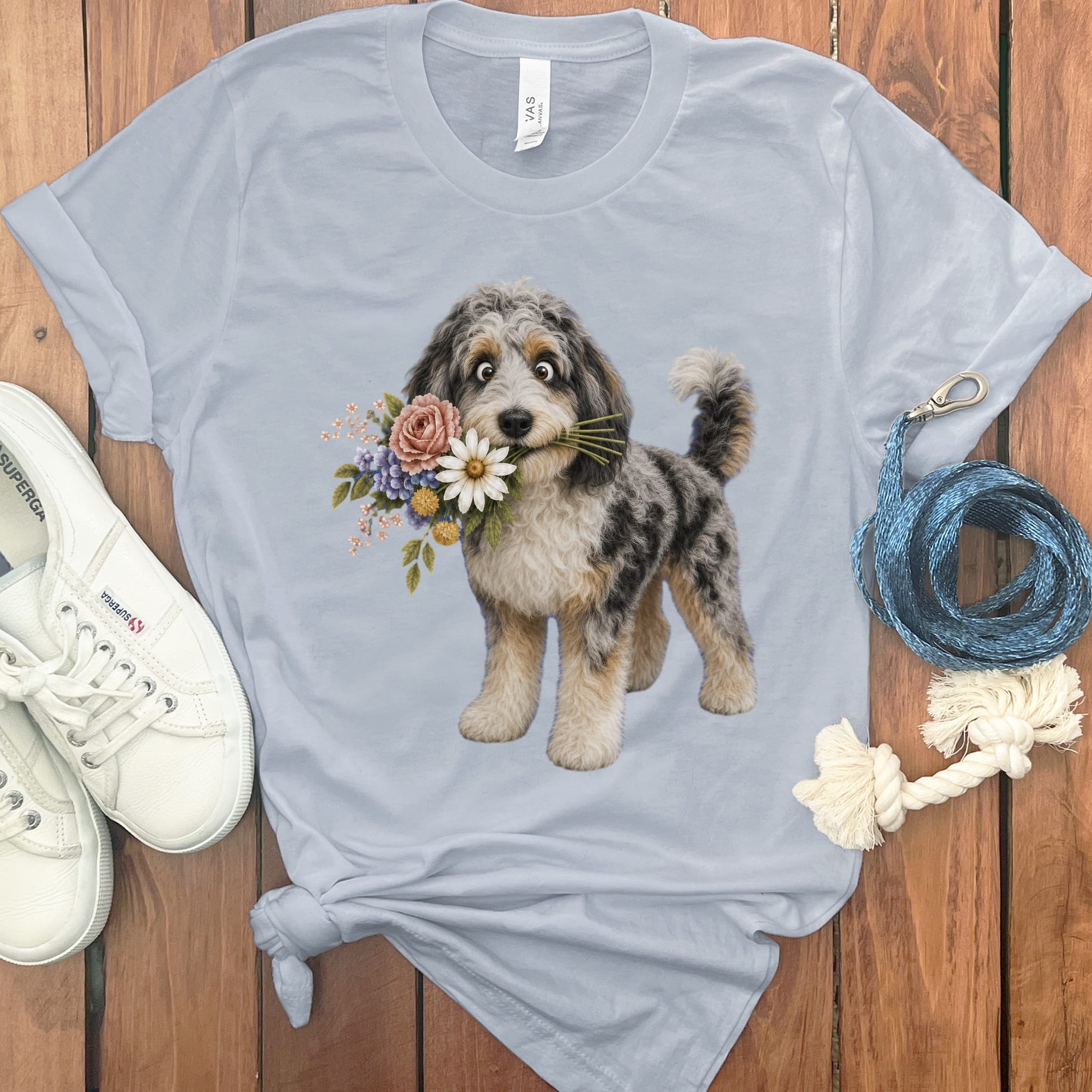 Aussiedoodle Flower Shop T-Shirt in Light Blue / S by Puppy Jo