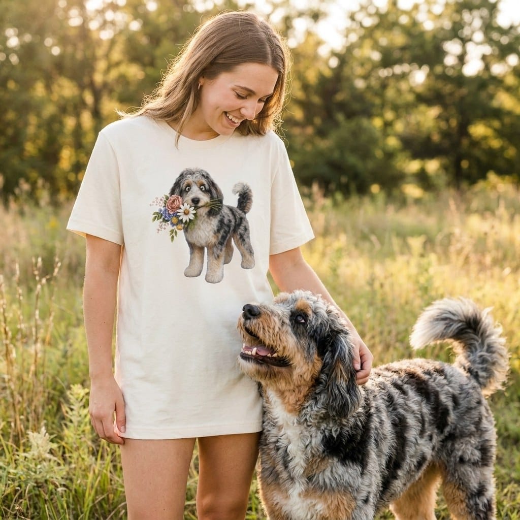 Aussiedoodle Flower Shop T-Shirt in by Puppy Jo