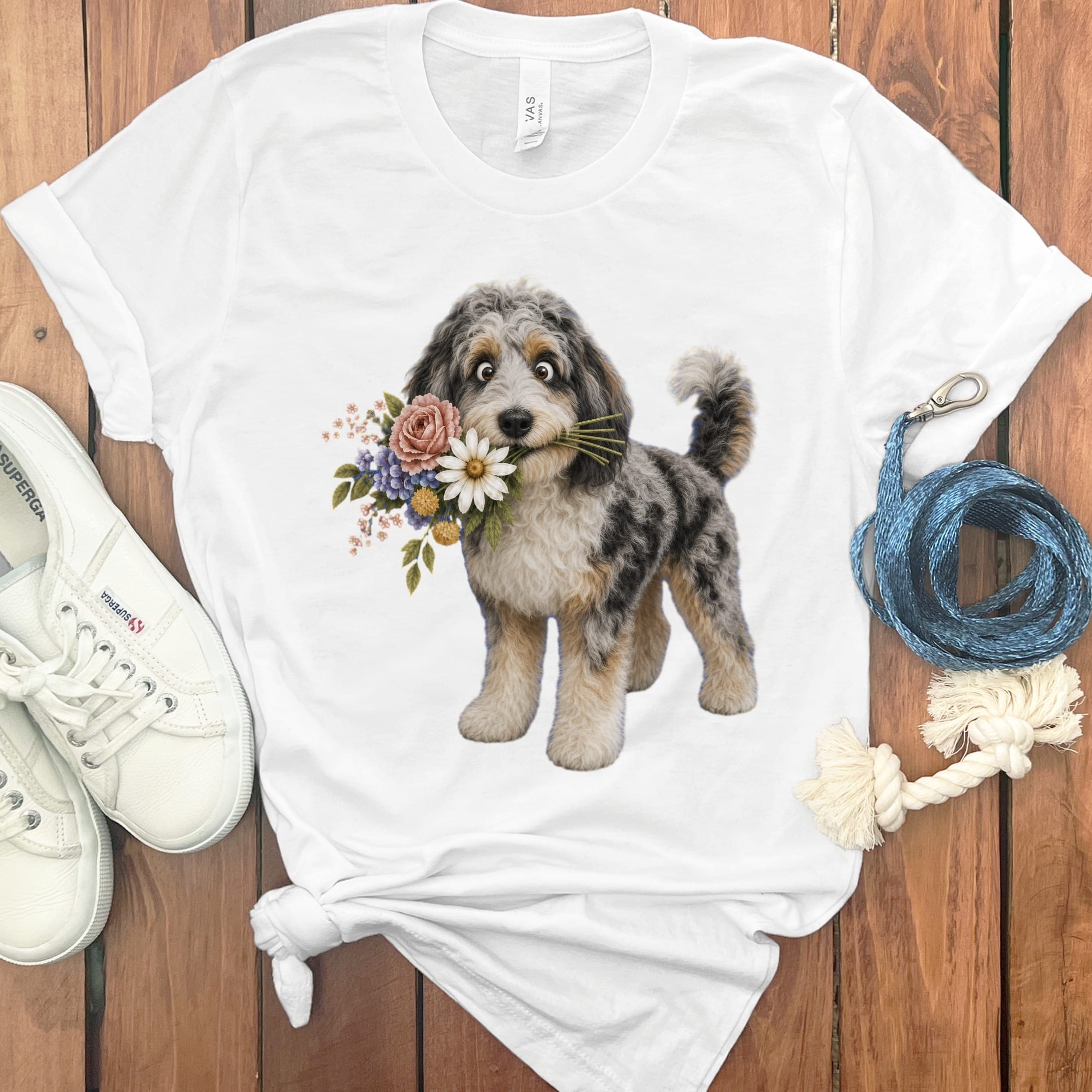 Aussiedoodle Flower Shop T-Shirt in White / S by Puppy Jo