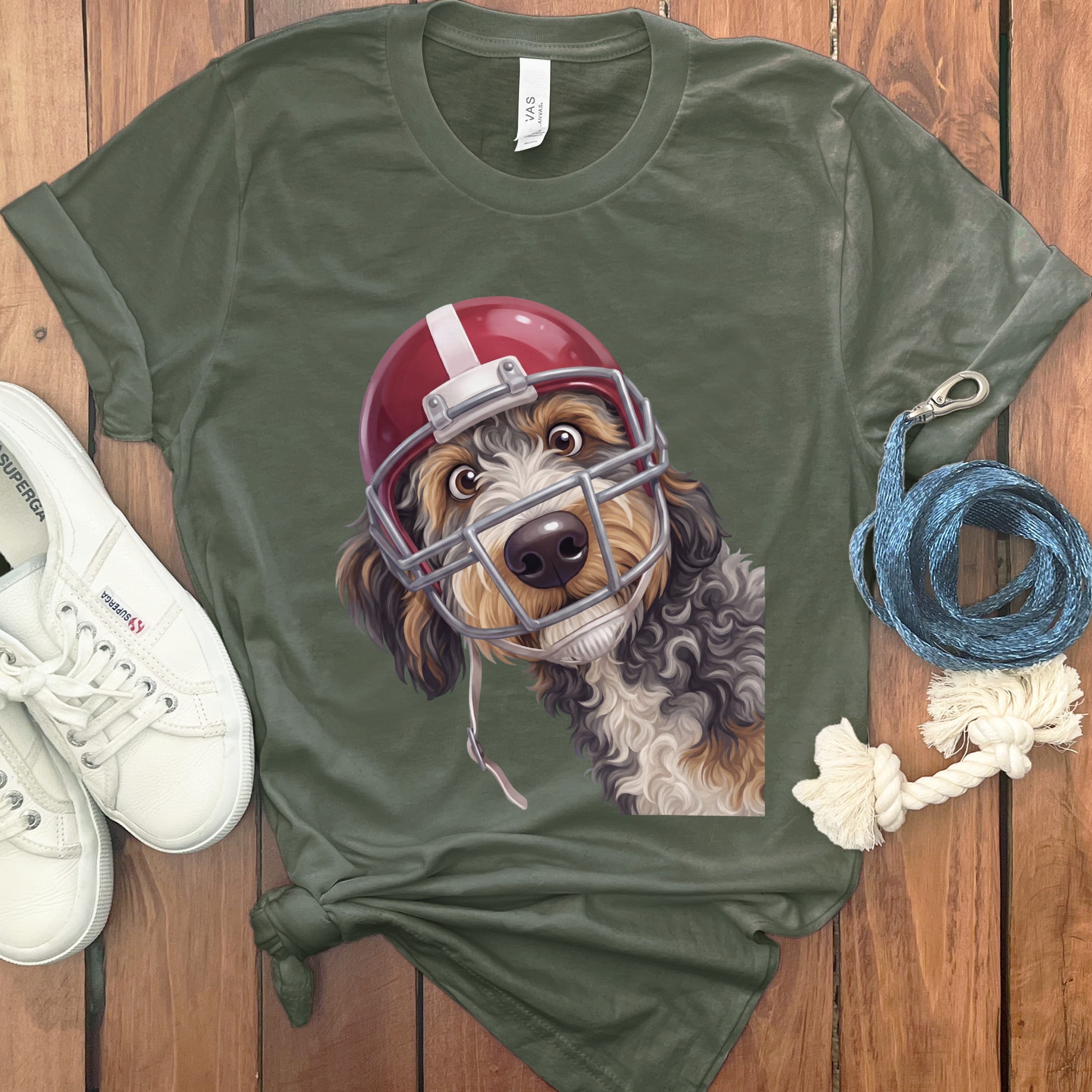 Aussiedoodle Football Helmet T-Shirt in Military Green / S by Puppy Jo