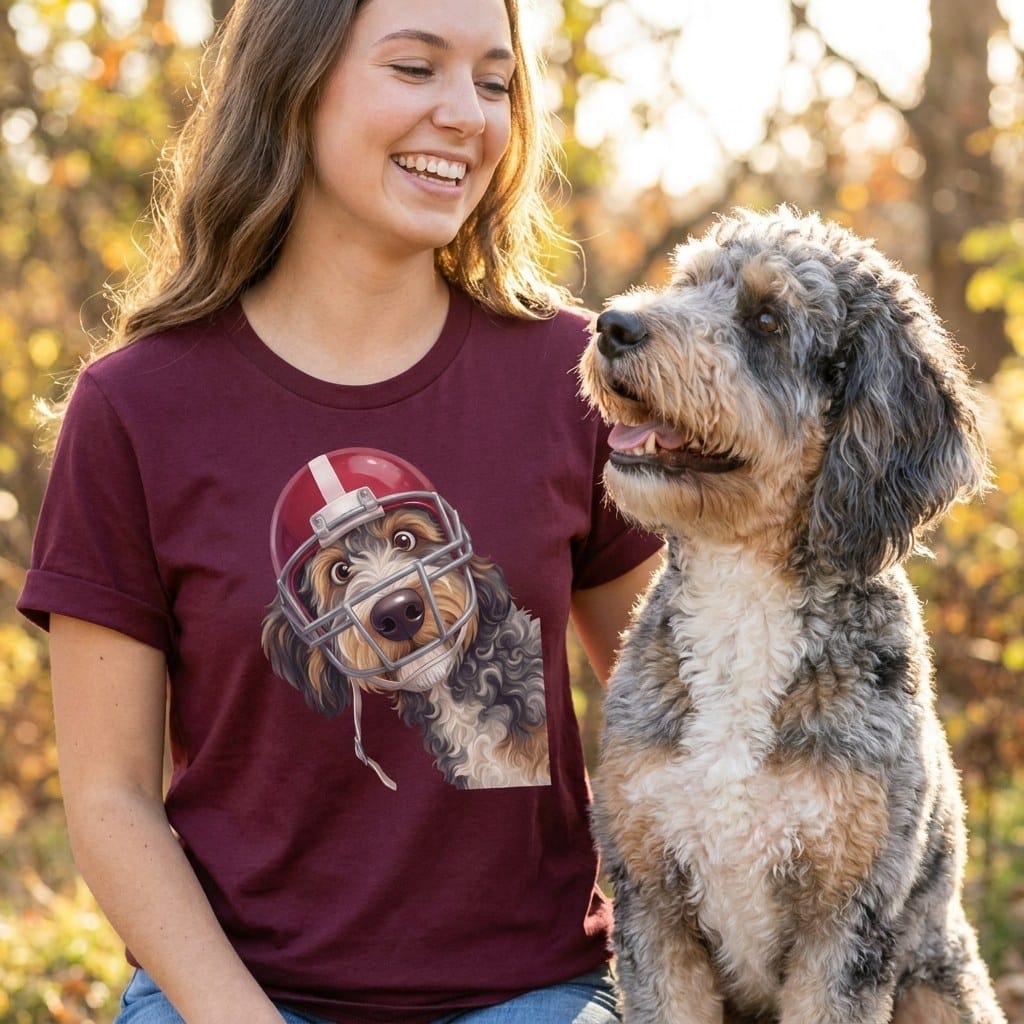 Aussiedoodle Football Helmet T-Shirt in by Puppy Jo