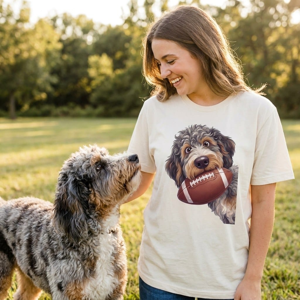 Aussiedoodle Football T-Shirt in by Puppy Jo