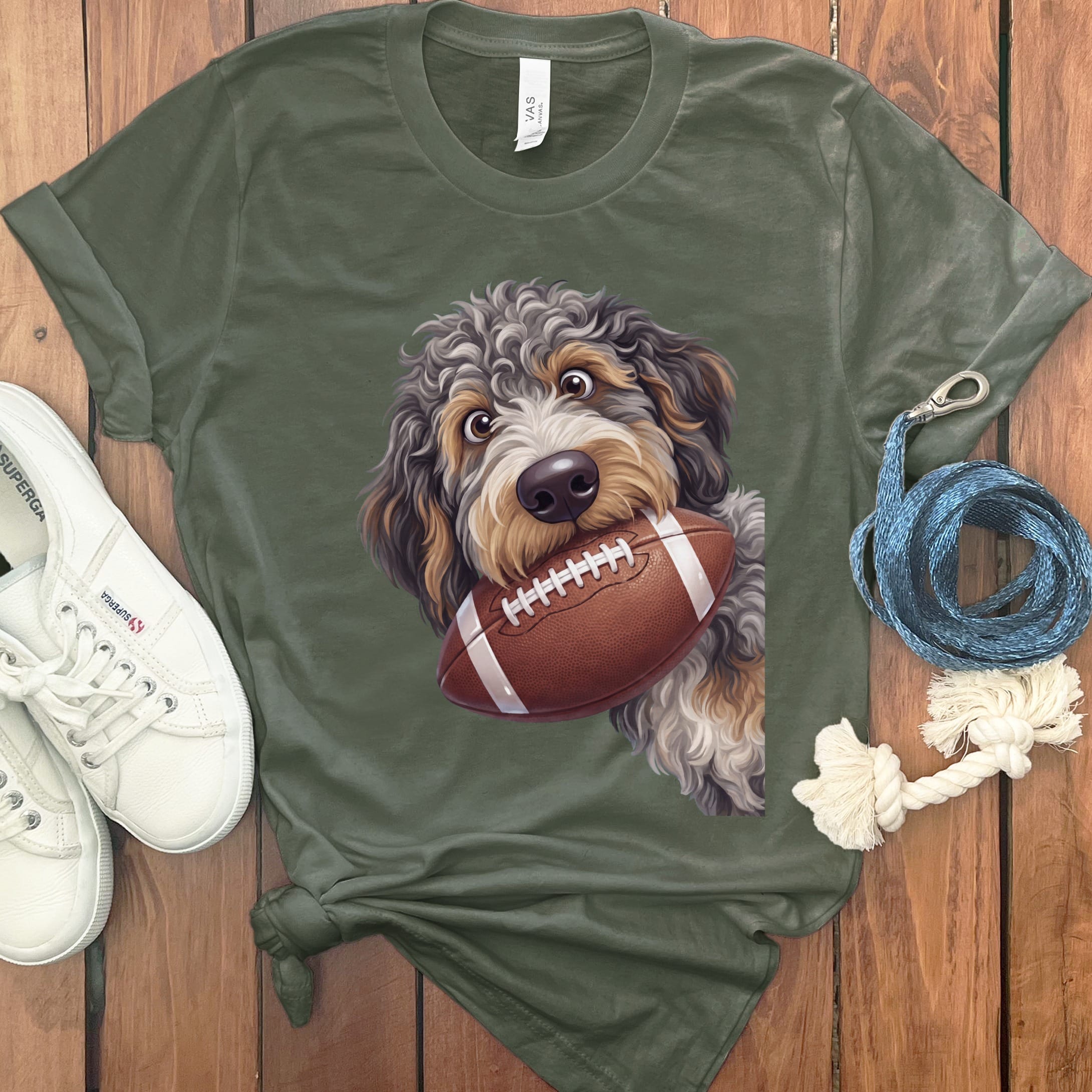 Aussiedoodle Football T-Shirt in S / Military Green by Puppy Jo