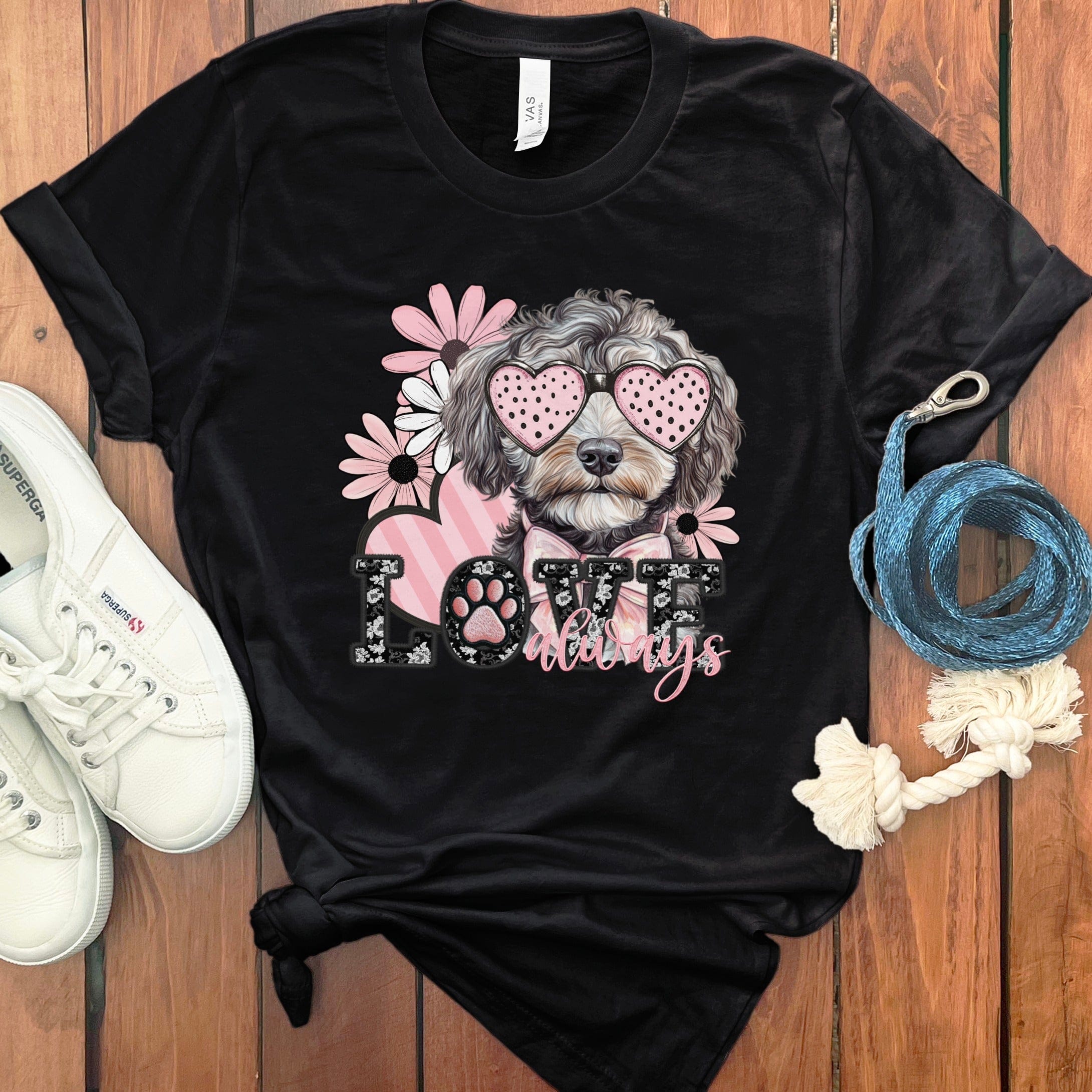 Aussiedoodle Love Floral T-Shirt in Black / S by Puppy Jo