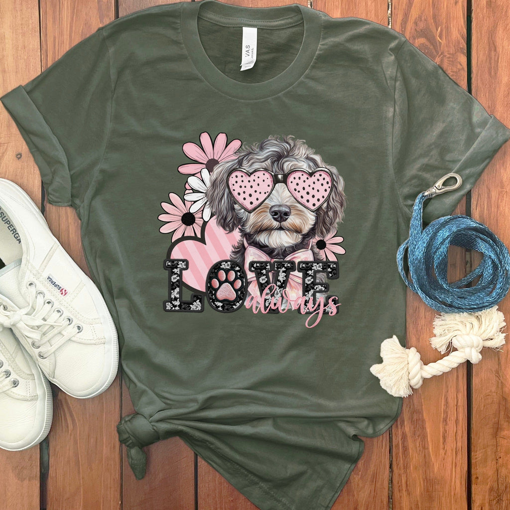 Aussiedoodle Love Floral T-Shirt in Military Green / S by Puppy Jo