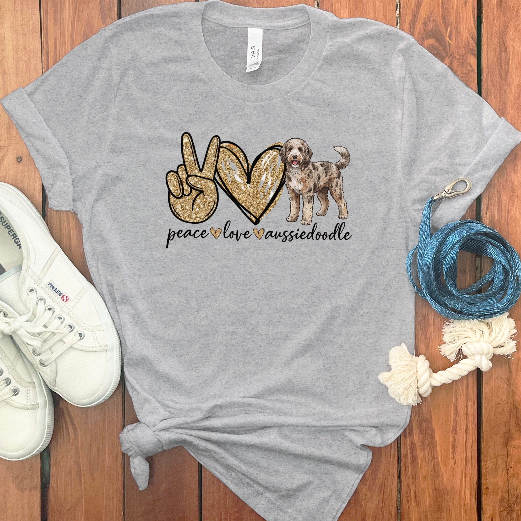 Aussiedoodle Peace Love T-Shirt in Athletic Heather / S by Puppy Jo