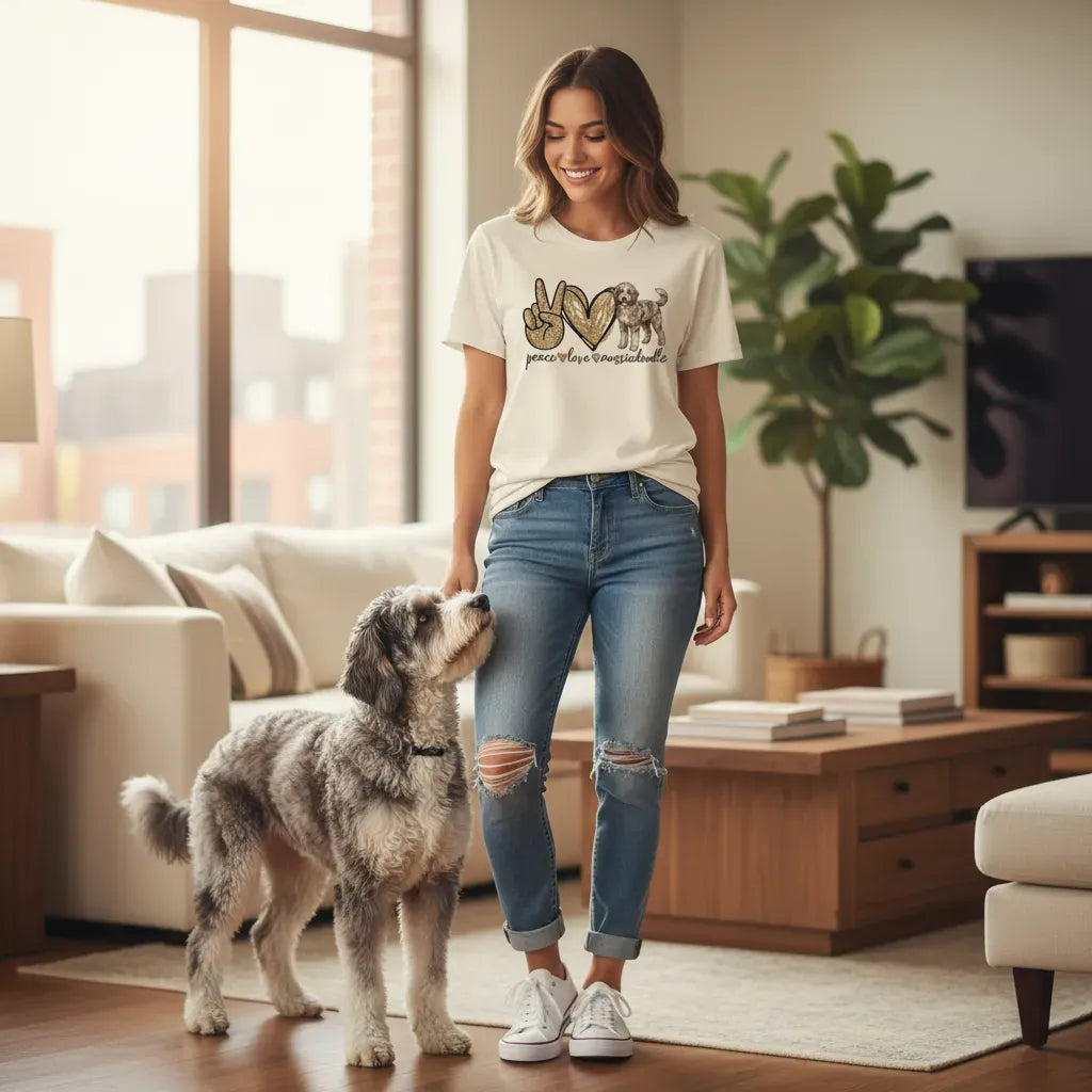 Aussiedoodle Peace Love T-Shirt in by Puppy Jo