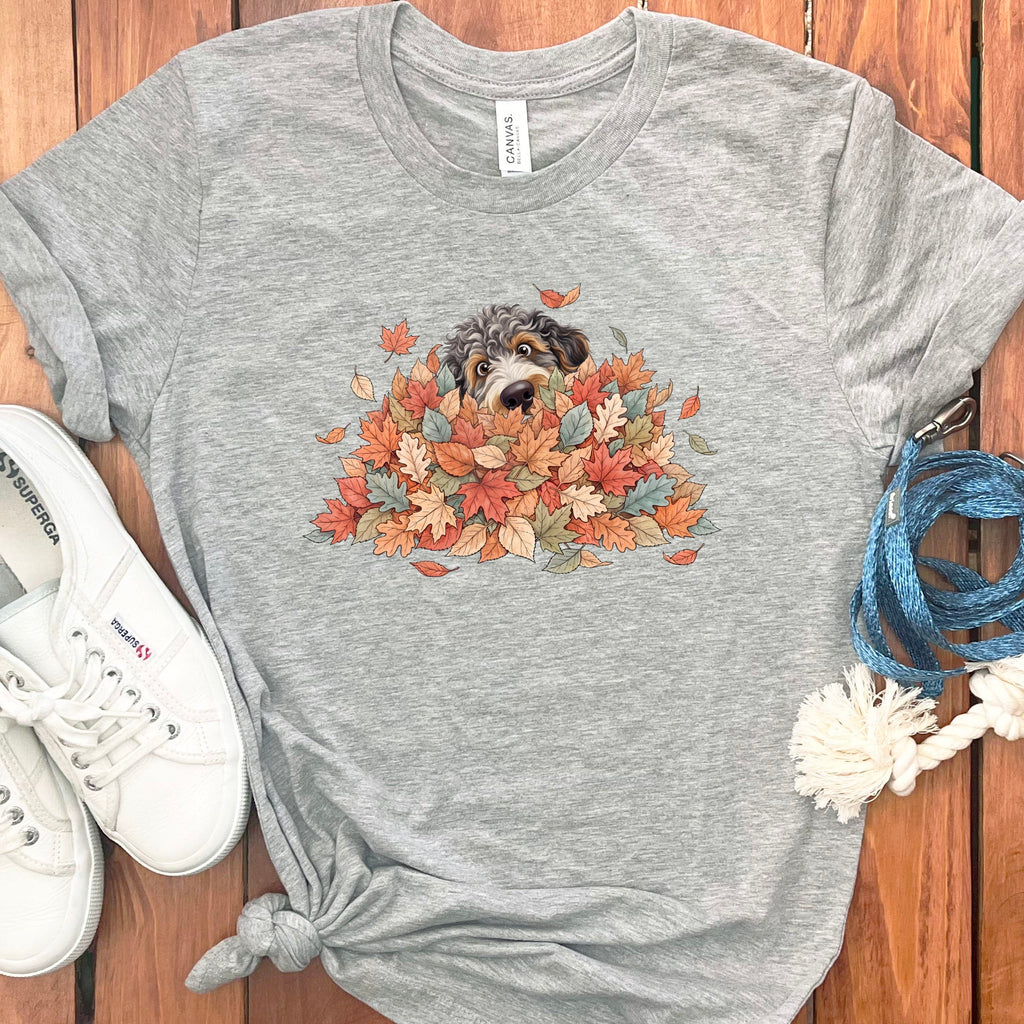 Aussiedoodle Peeking Leaf Pile T-Shirt in Athletic Heather / S by Puppy Jo