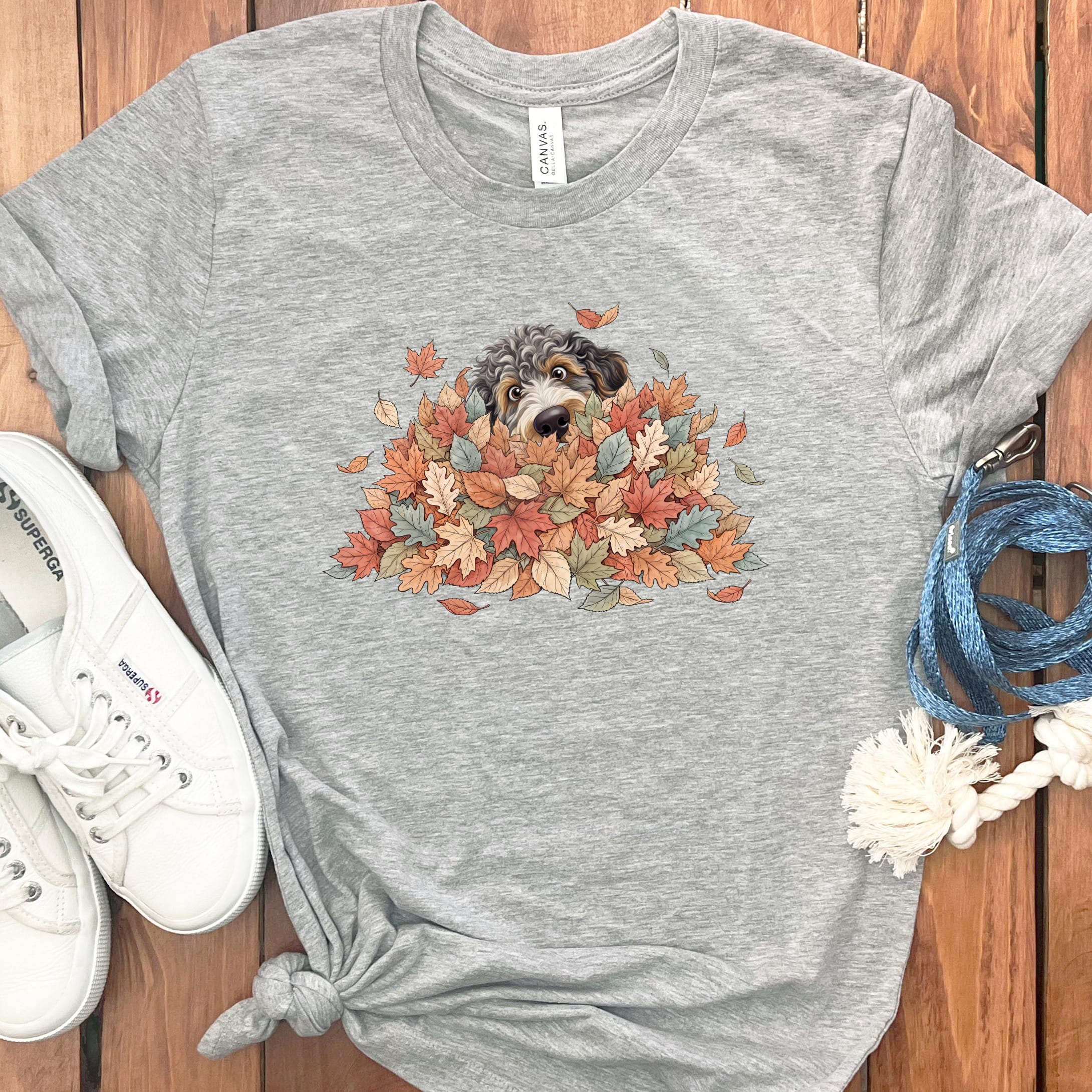 Aussiedoodle Peeking Leaf Pile T-Shirt in Athletic Heather / S by Puppy Jo