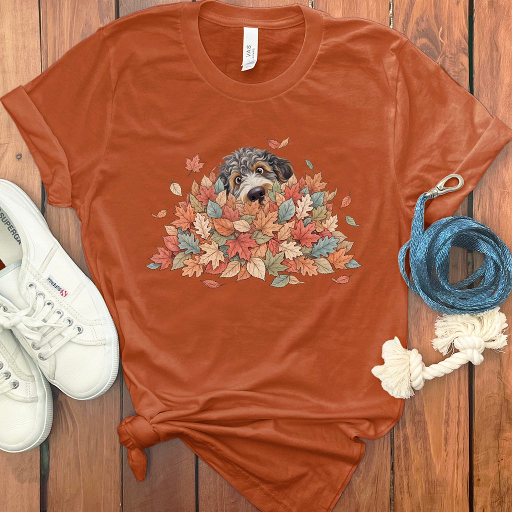 Aussiedoodle Peeking Leaf Pile T-Shirt in Autumn / S by Puppy Jo