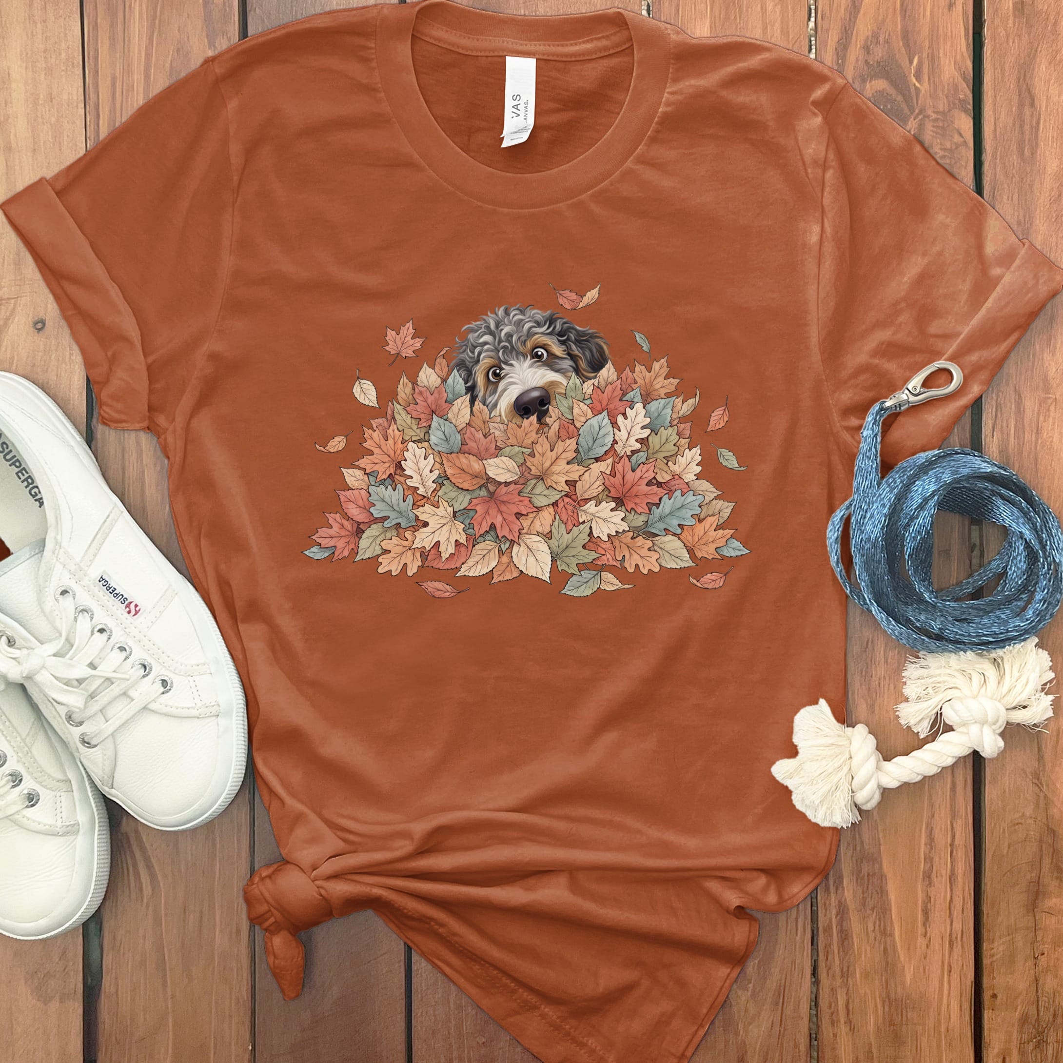 Aussiedoodle Peeking Leaf Pile T-Shirt in Autumn / S by Puppy Jo
