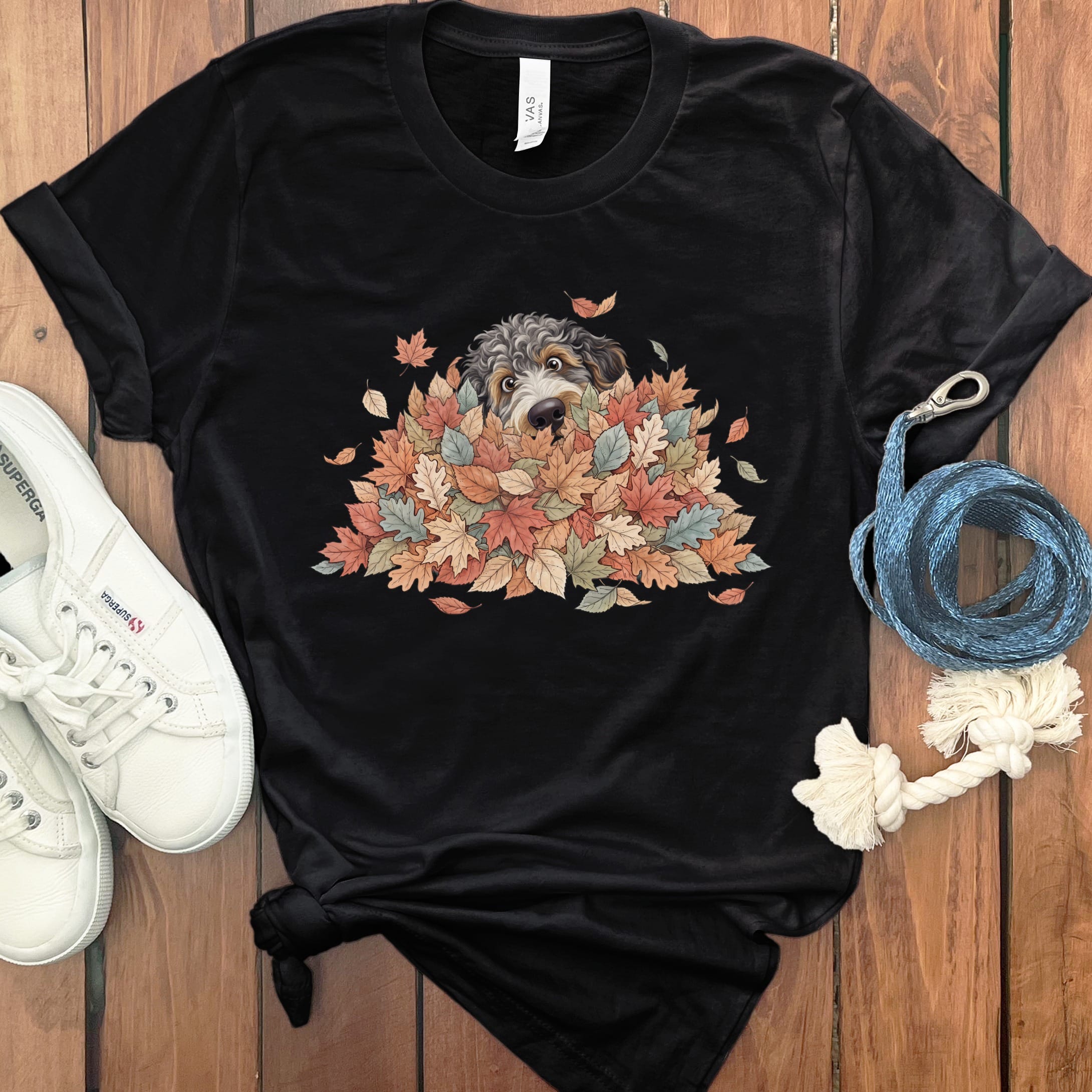 Aussiedoodle Peeking Leaf Pile T-Shirt in Black / S by Puppy Jo
