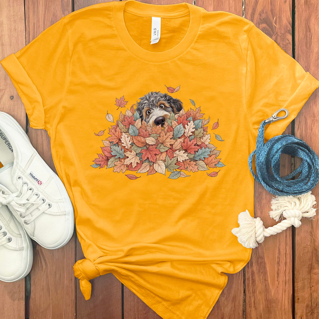 Aussiedoodle Peeking Leaf Pile T-Shirt in Gold / S by Puppy Jo
