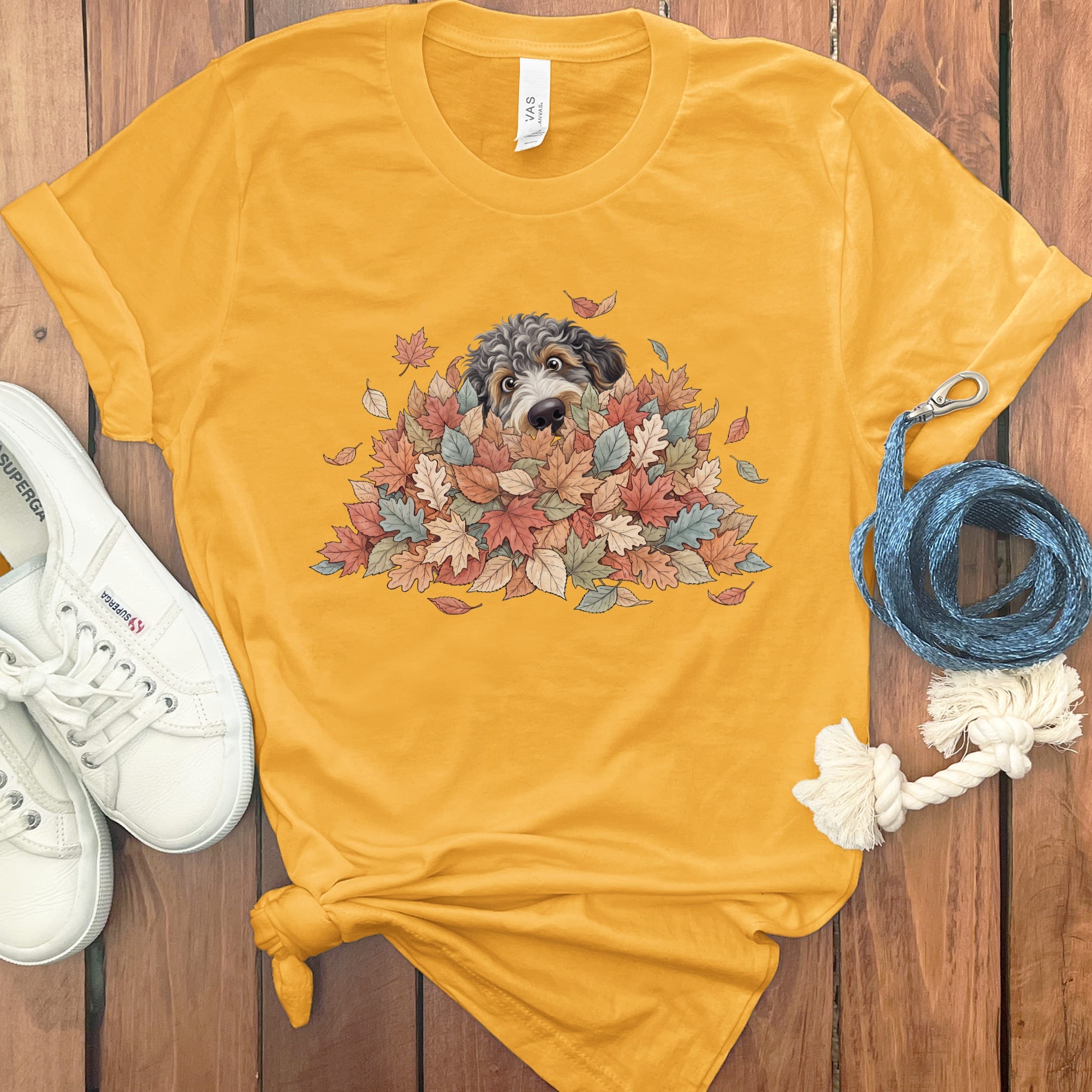 Aussiedoodle Peeking Leaf Pile T-Shirt in Gold / S by Puppy Jo
