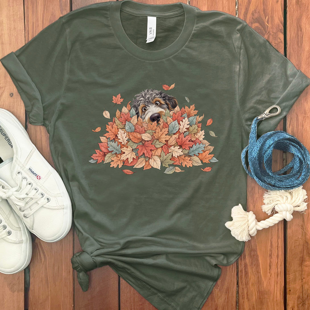 Aussiedoodle Peeking Leaf Pile T-Shirt in Military Green / S by Puppy Jo