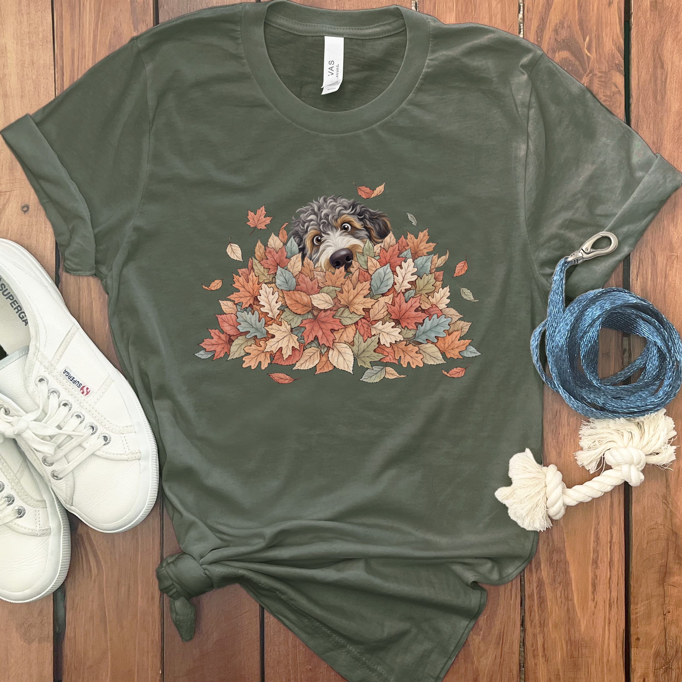 Aussiedoodle Peeking Leaf Pile T-Shirt in Military Green / S by Puppy Jo