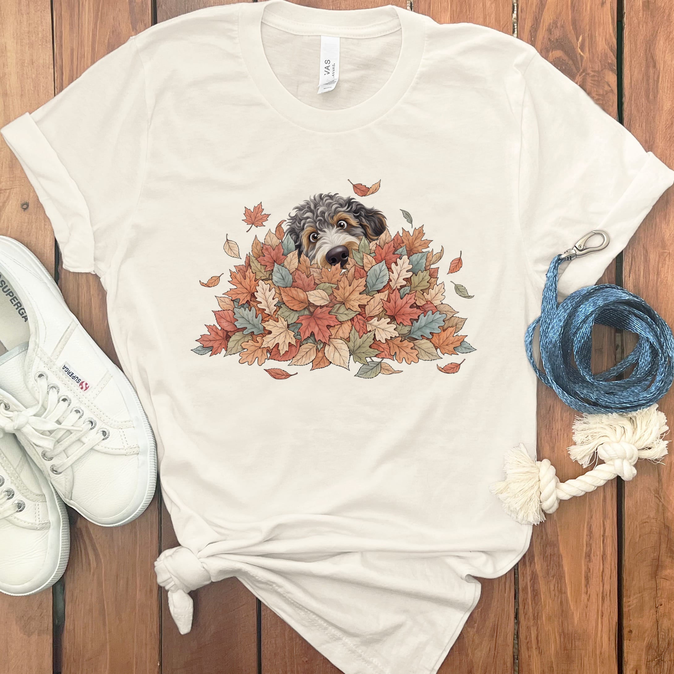 Aussiedoodle Peeking Leaf Pile T-Shirt in Natural / S by Puppy Jo