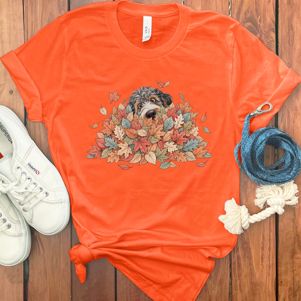 Aussiedoodle Peeking Leaf Pile T-Shirt in Orange / S by Puppy Jo