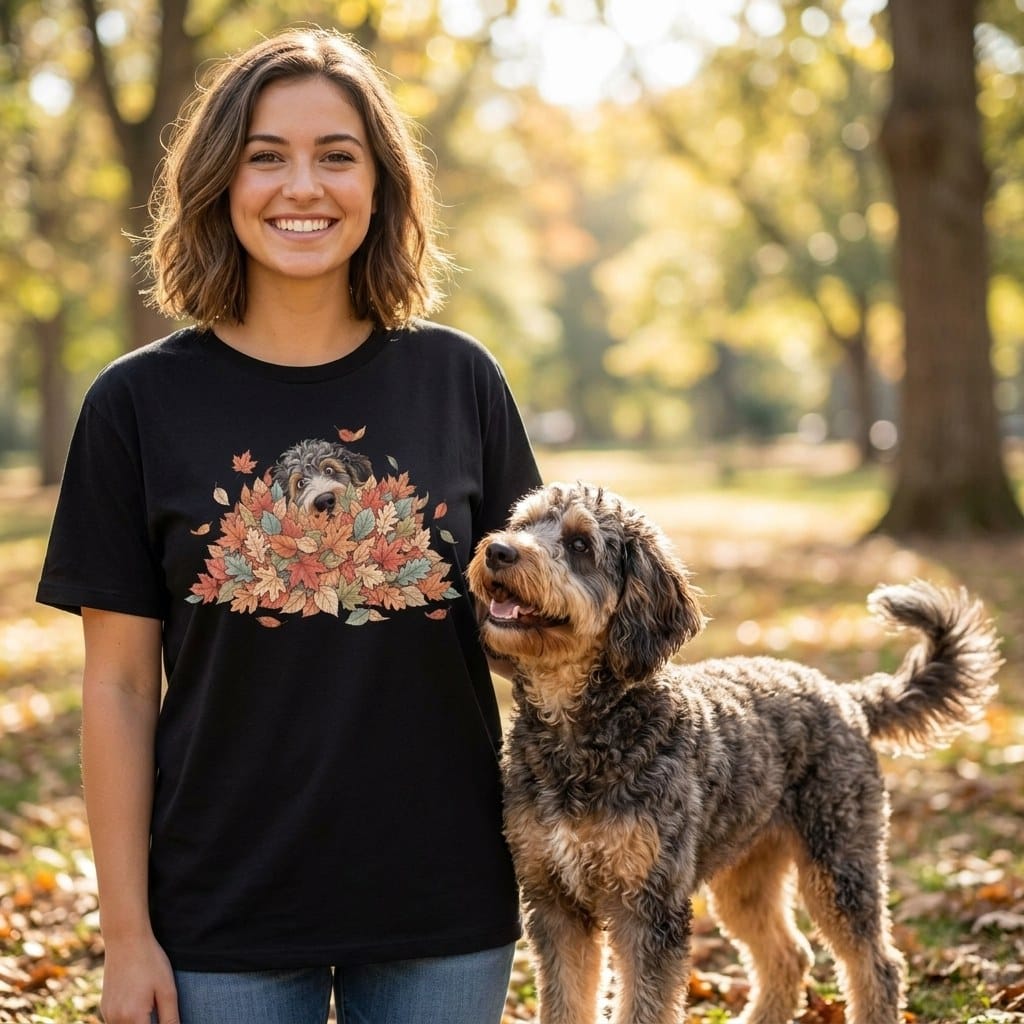 Aussiedoodle Peeking Leaf Pile T-Shirt in by Puppy Jo