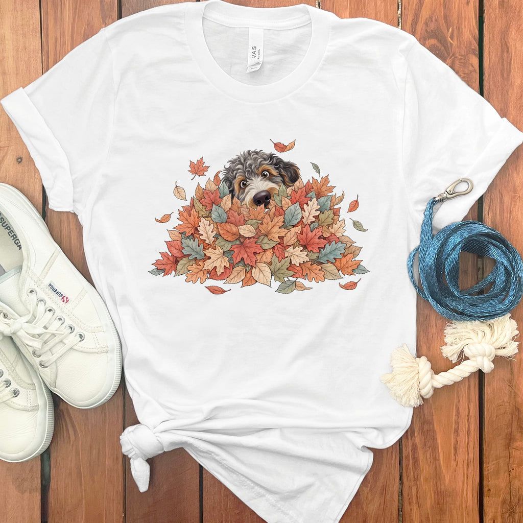 Aussiedoodle Peeking Leaf Pile T-Shirt in White / S by Puppy Jo
