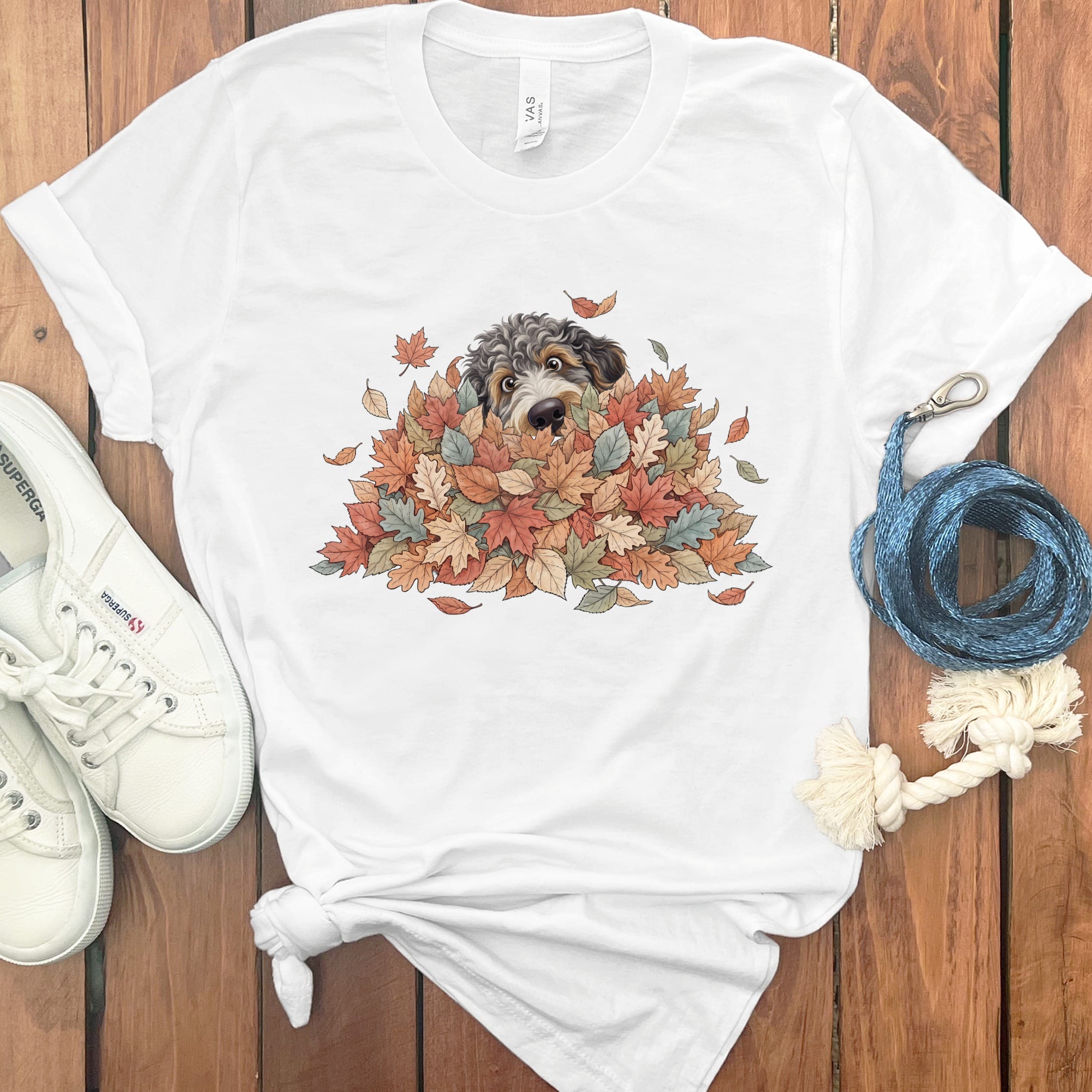 Aussiedoodle Peeking Leaf Pile T-Shirt in White / S by Puppy Jo