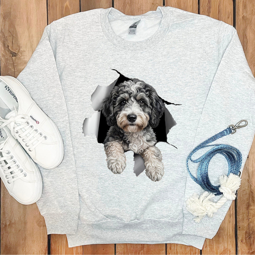 Aussiedoodle Peeking Sweatshirt in Ash / S by Puppy Jo