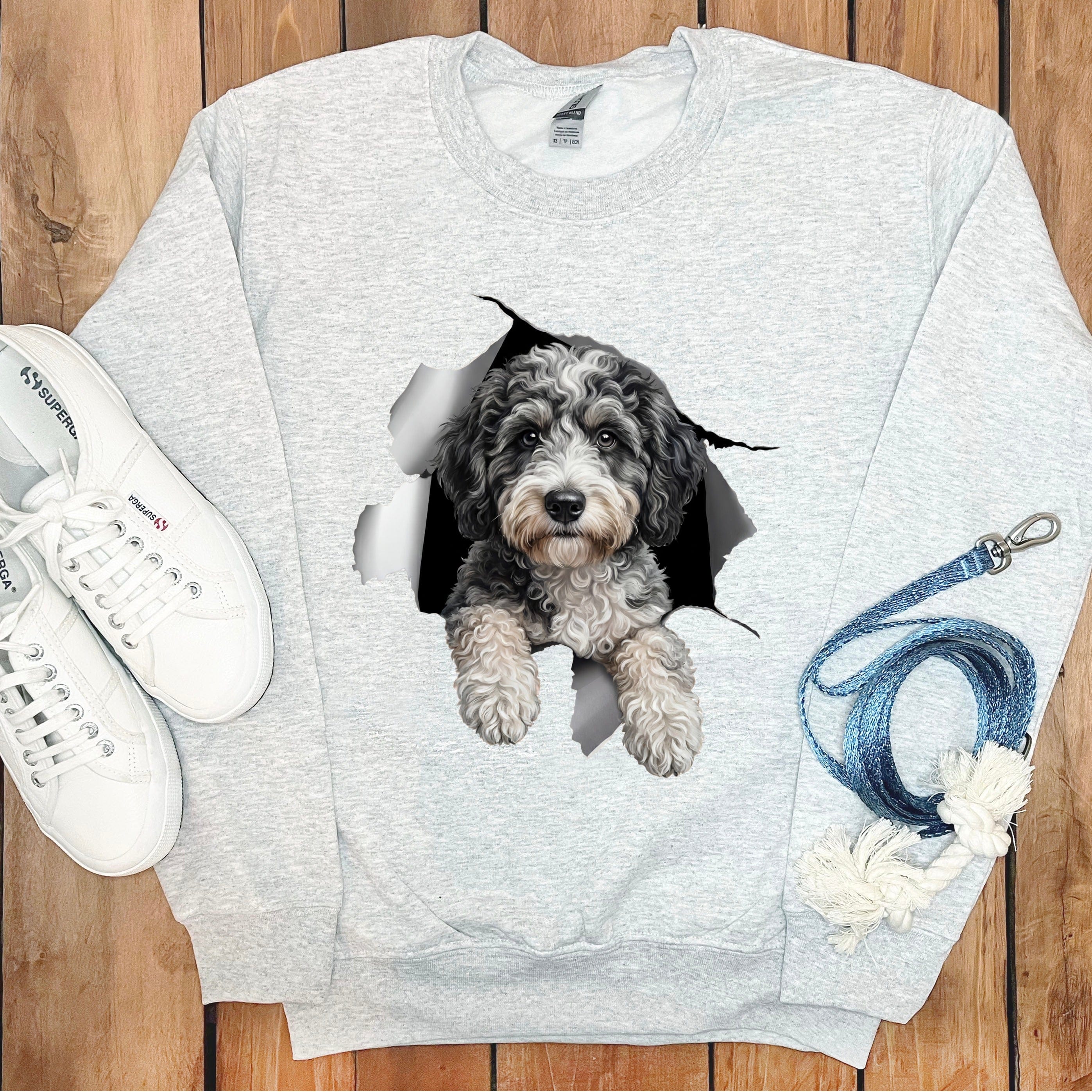 Aussiedoodle Peeking Sweatshirt in Ash / S by Puppy Jo